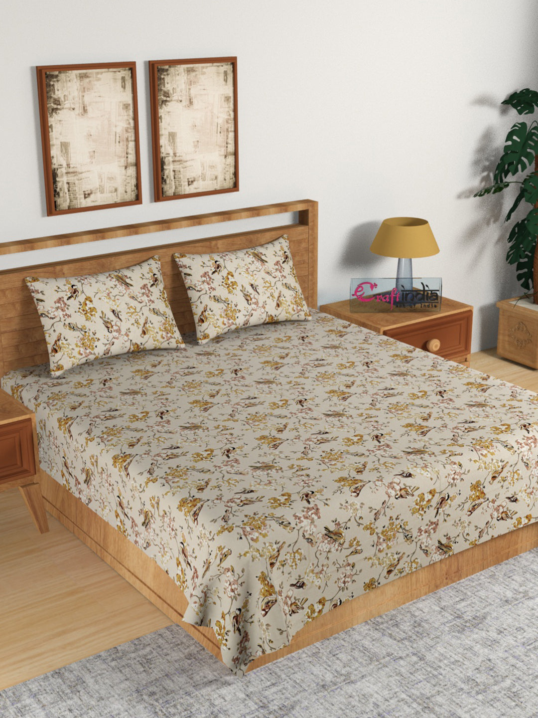 210 TC Pure Cotton Premium Double Bed King Size Birds and Floral Design Bedsheet (100 In x 108 In) with 2 pillow cover - Yellow