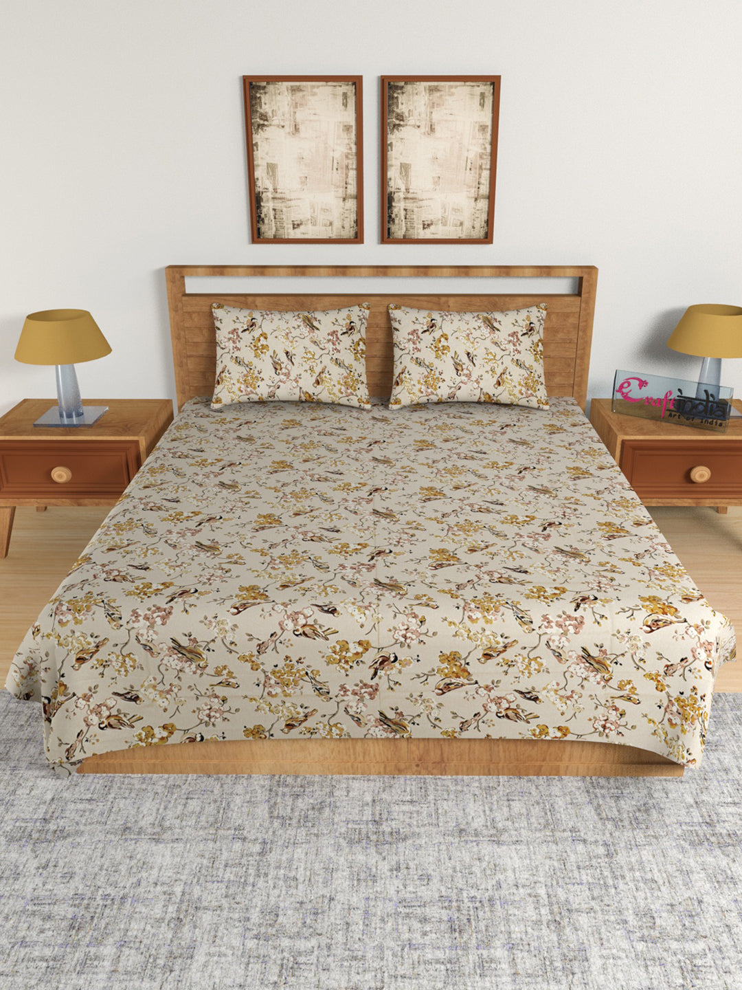 210 TC Pure Cotton Premium Double Bed King Size Birds and Floral Design Bedsheet (100 In x 108 In) with 2 pillow cover - Yellow 1