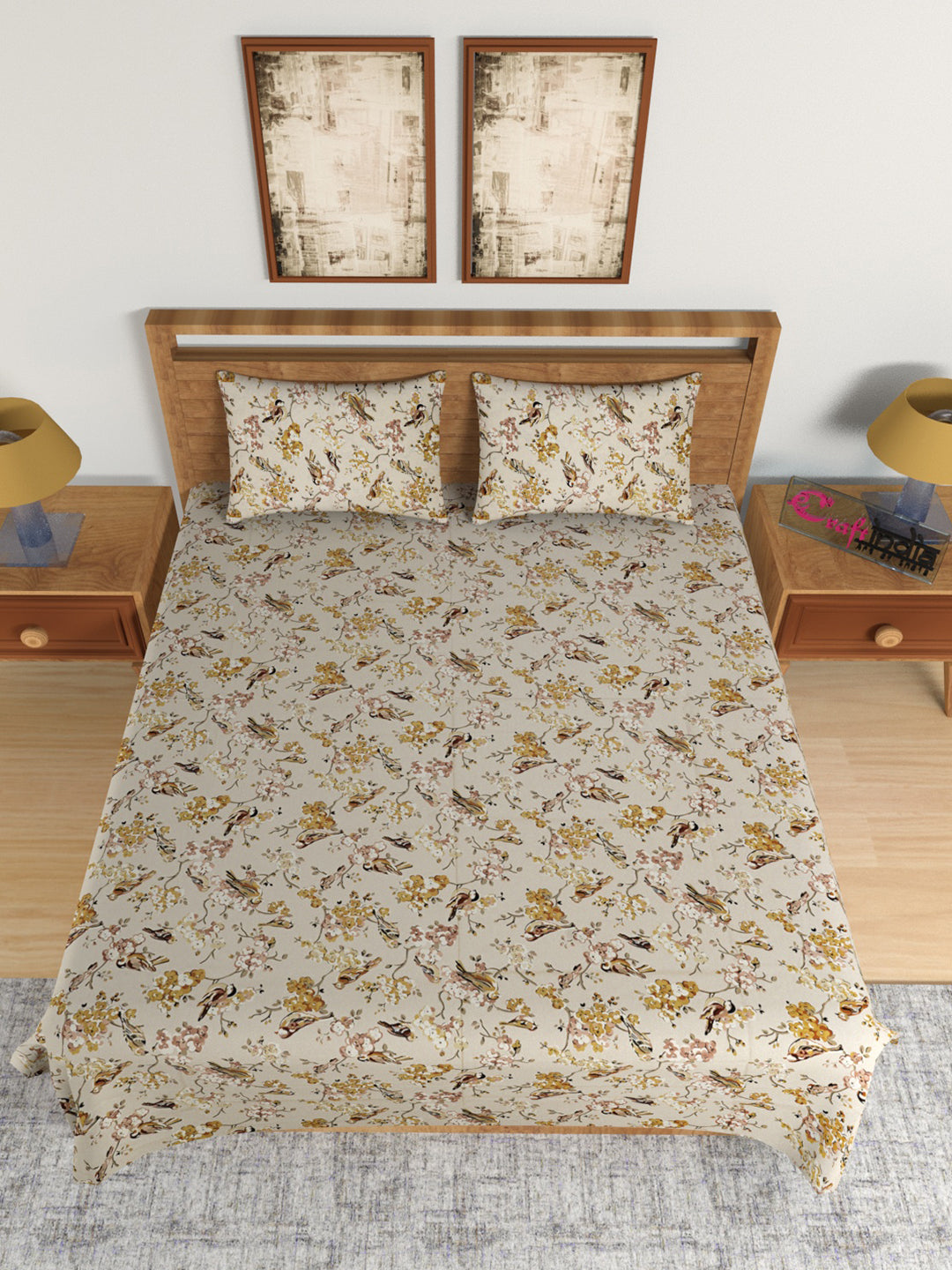 210 TC Pure Cotton Premium Double Bed King Size Birds and Floral Design Bedsheet (100 In x 108 In) with 2 pillow cover - Yellow 2