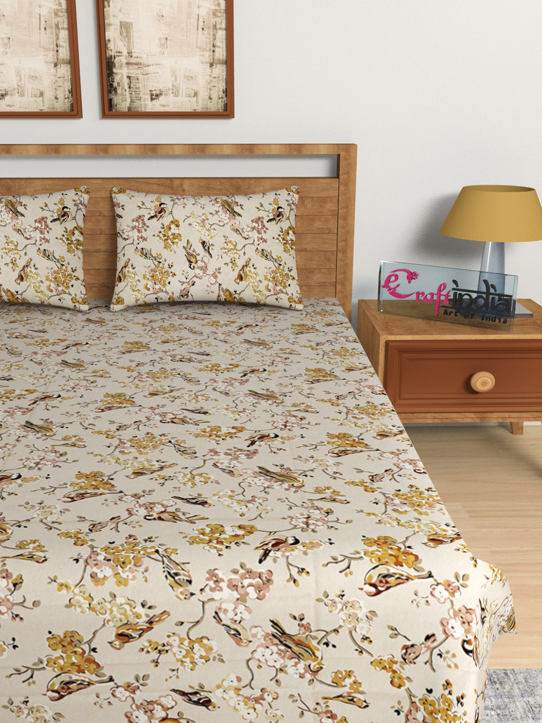 210 TC Pure Cotton Premium Double Bed King Size Birds and Floral Design Bedsheet (100 In x 108 In) with 2 pillow cover - Yellow 3