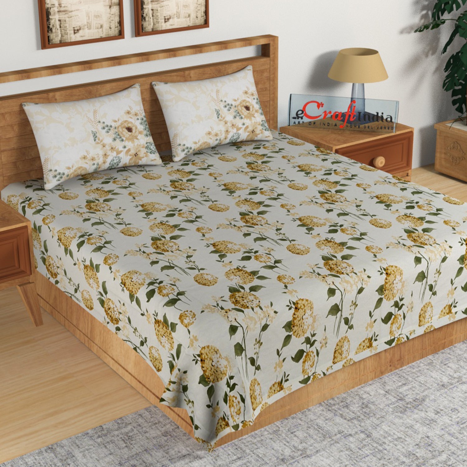 Yellow Floral Print 144 TC Cotton Double Bedsheet (90" x 108") with 2 pillow cover
