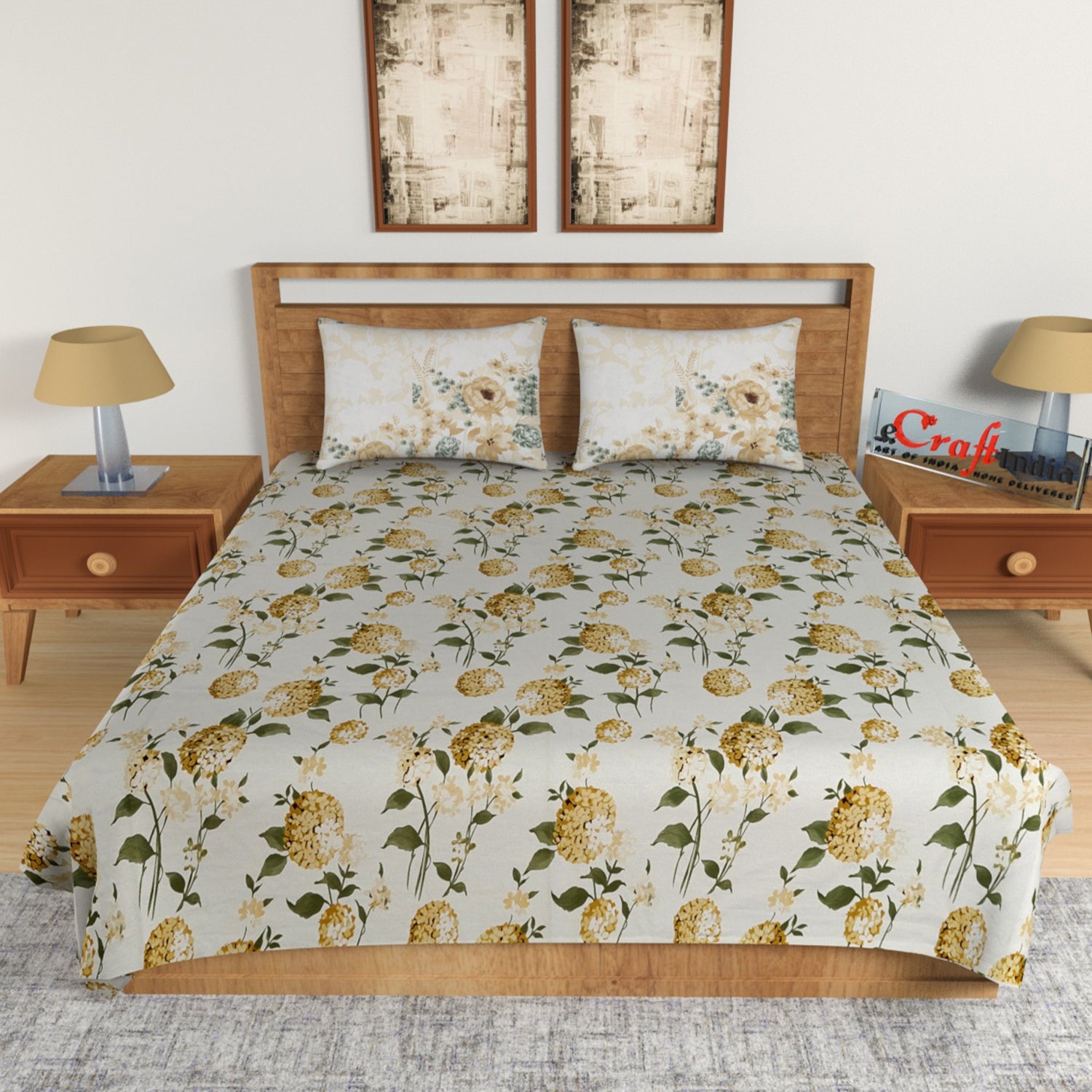 Yellow Floral Print 144 TC Cotton Double Bedsheet (90" x 108") with 2 pillow cover 1