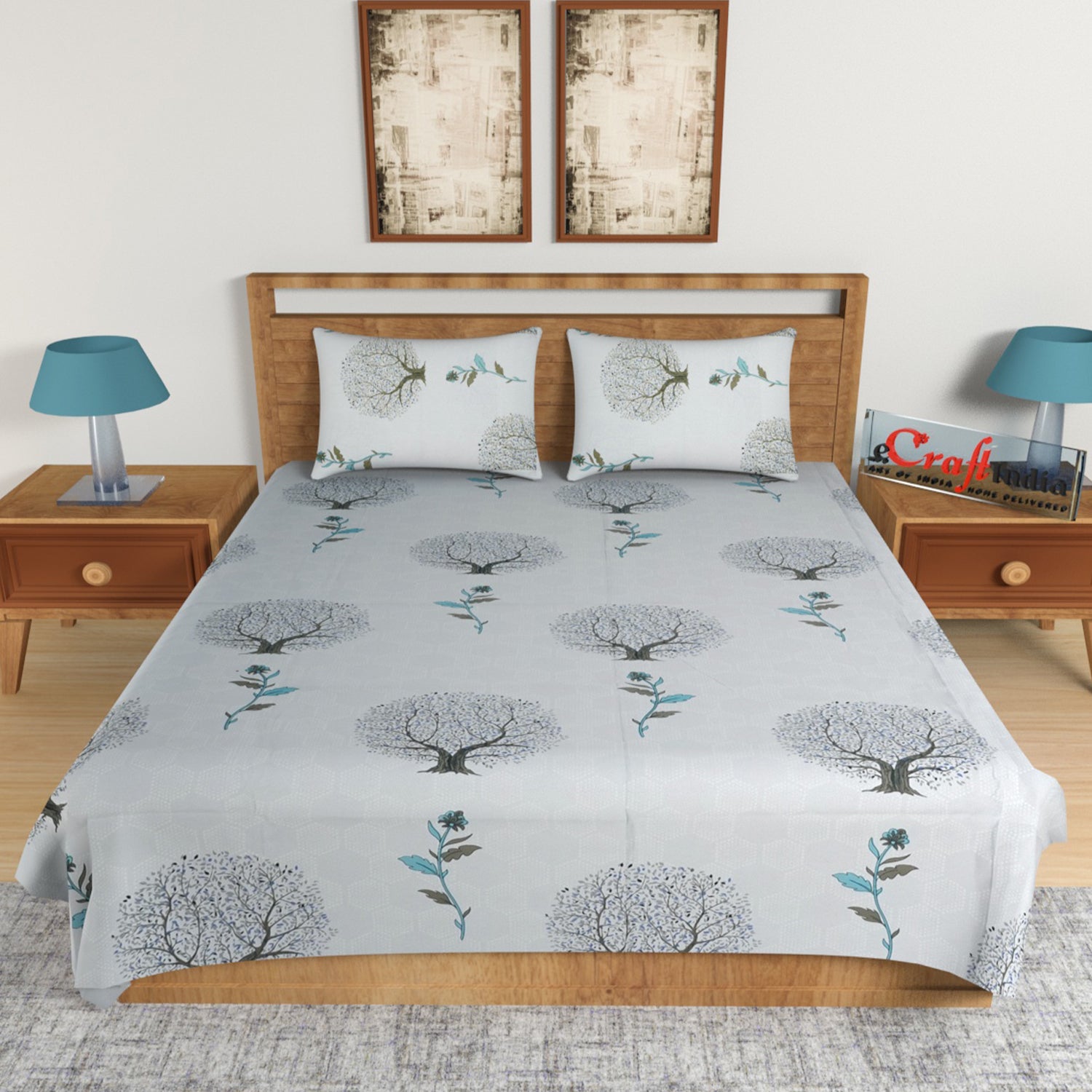 Blue Floral Print 144 TC Cotton Double Bedsheet (90" x 100") with 2 pillow cover 1