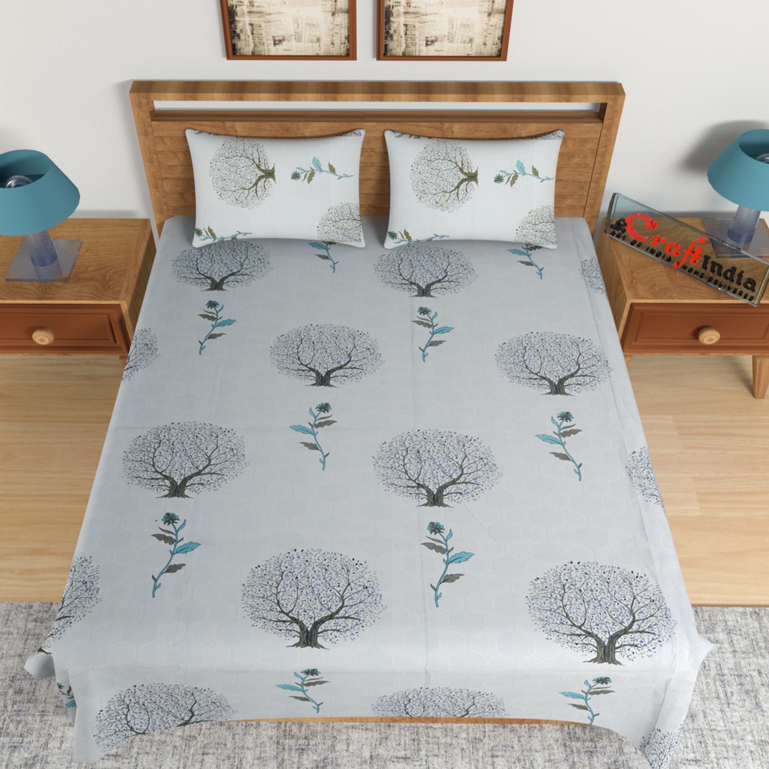 Blue Floral Print 144 TC Cotton Double Bedsheet (90" x 100") with 2 pillow cover 2