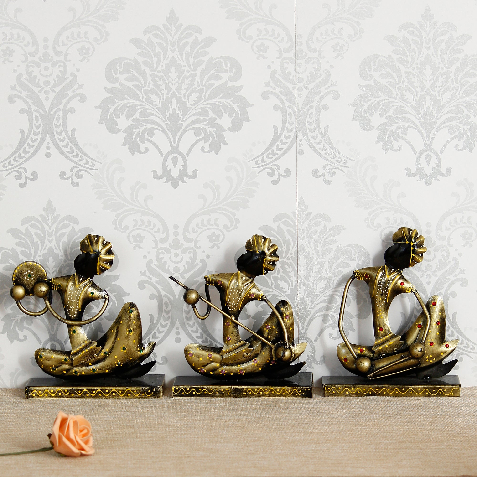 Iron Set of 3 Tribal Man Figurines with Paghdi Playing Tambourine/Dafli, Banjo, Dholak Musical Instruments Decorative Showpiece (Golden and Black)