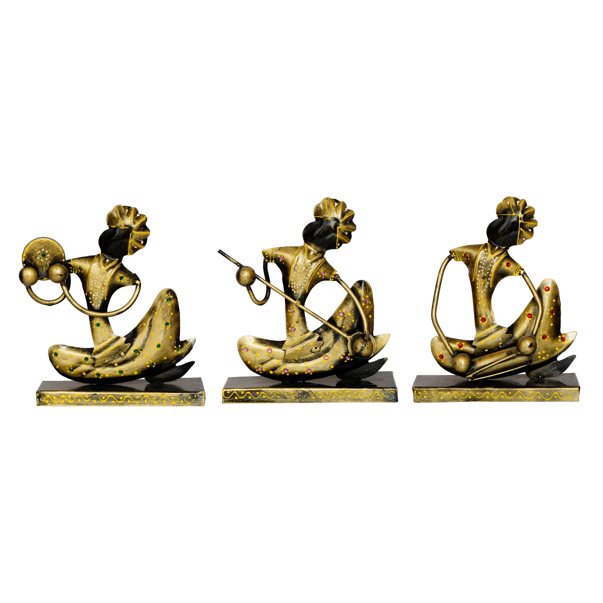 Iron Set of 3 Tribal Man Figurines with Paghdi Playing Tambourine/Dafli, Banjo, Dholak Musical Instruments Decorative Showpiece (Golden and Black) 2