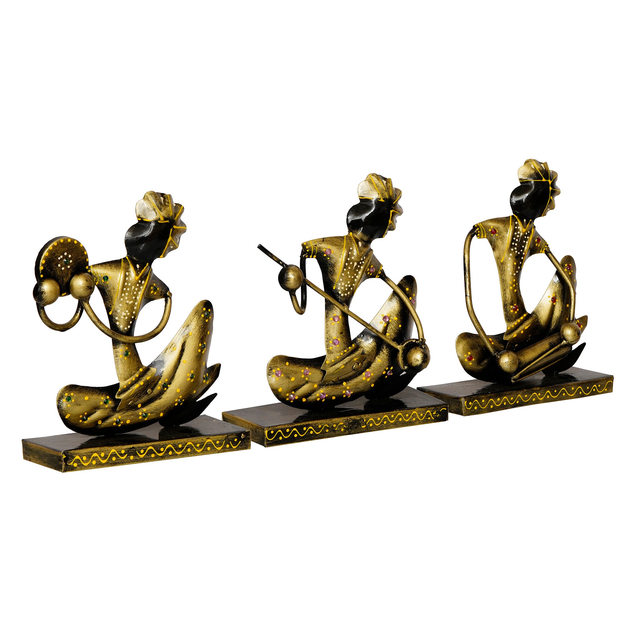 Iron Set of 3 Tribal Man Figurines with Paghdi Playing Tambourine/Dafli, Banjo, Dholak Musical Instruments Decorative Showpiece (Golden and Black) 3