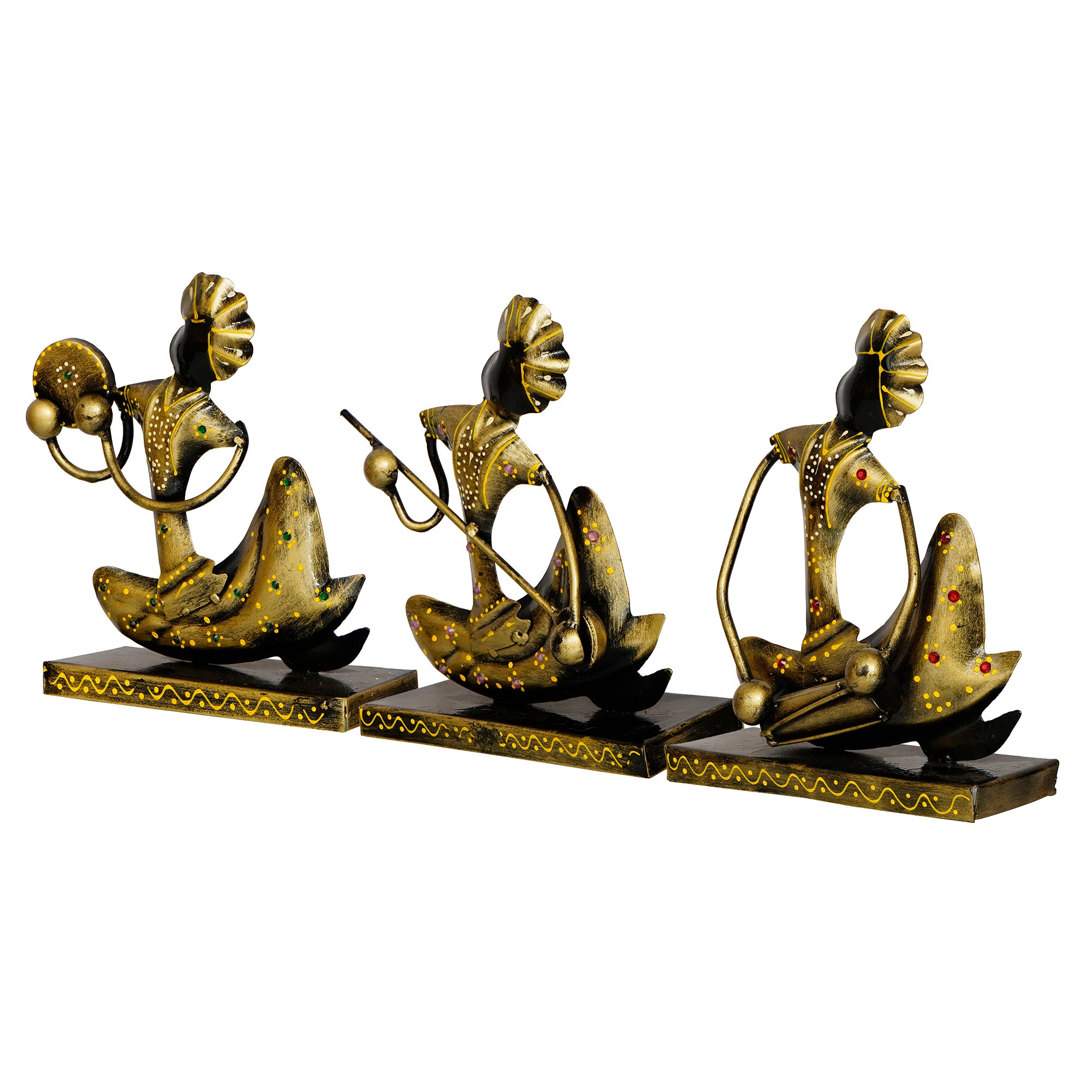 Iron Set of 3 Tribal Man Figurines with Paghdi Playing Tambourine/Dafli, Banjo, Dholak Musical Instruments Decorative Showpiece (Golden and Black) 4