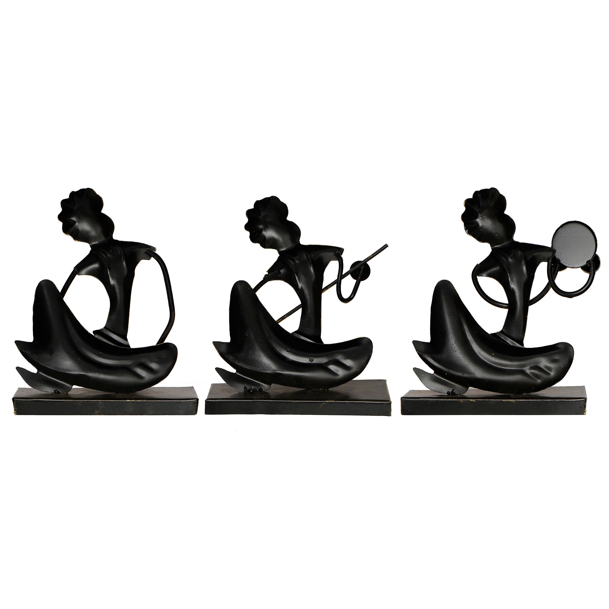 Iron Set of 3 Tribal Man Figurines with Paghdi Playing Tambourine/Dafli, Banjo, Dholak Musical Instruments Decorative Showpiece (Golden and Black) 5