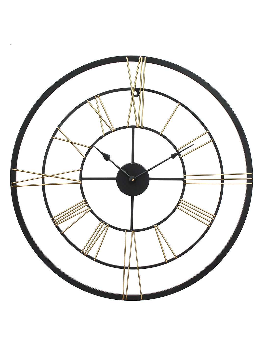 Black Iron Base with Double Golden Roman Figures Round Hand-Crafted Analog Wall Clock Without Glass ( 64Cm x 64Cm )