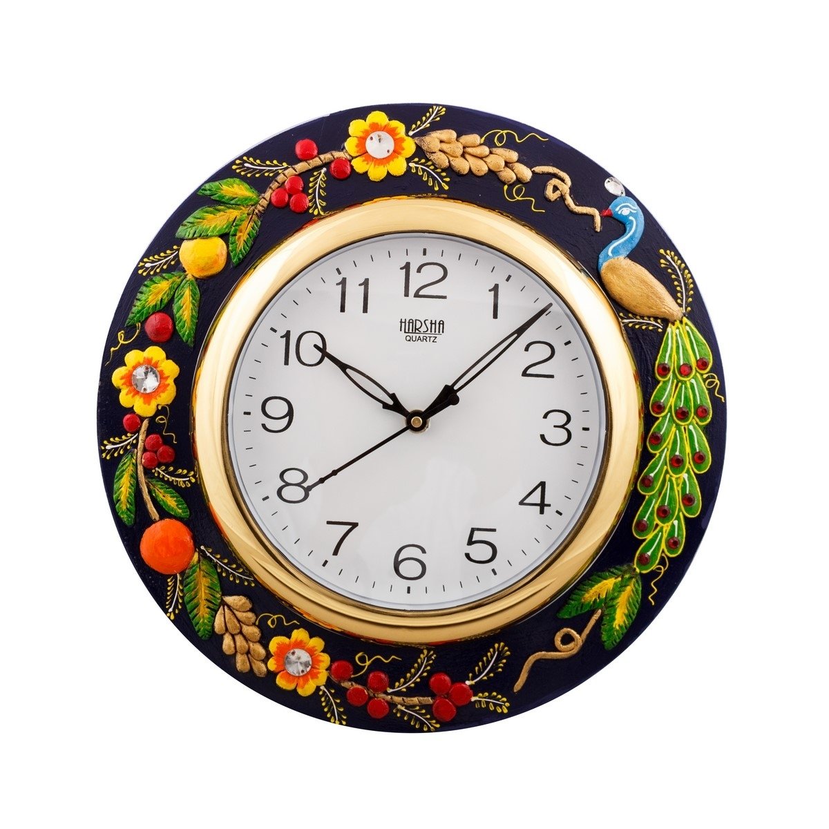 Peacock Embossed Floral Fine Crafted Papier-Mache Wooden Handcrafted Wall Clock