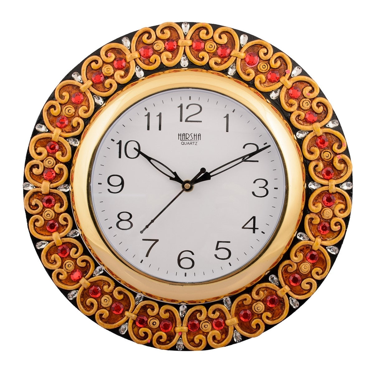 Wooden Papier Mache Embossed Red Crystal Handcrafted Wall Clock
