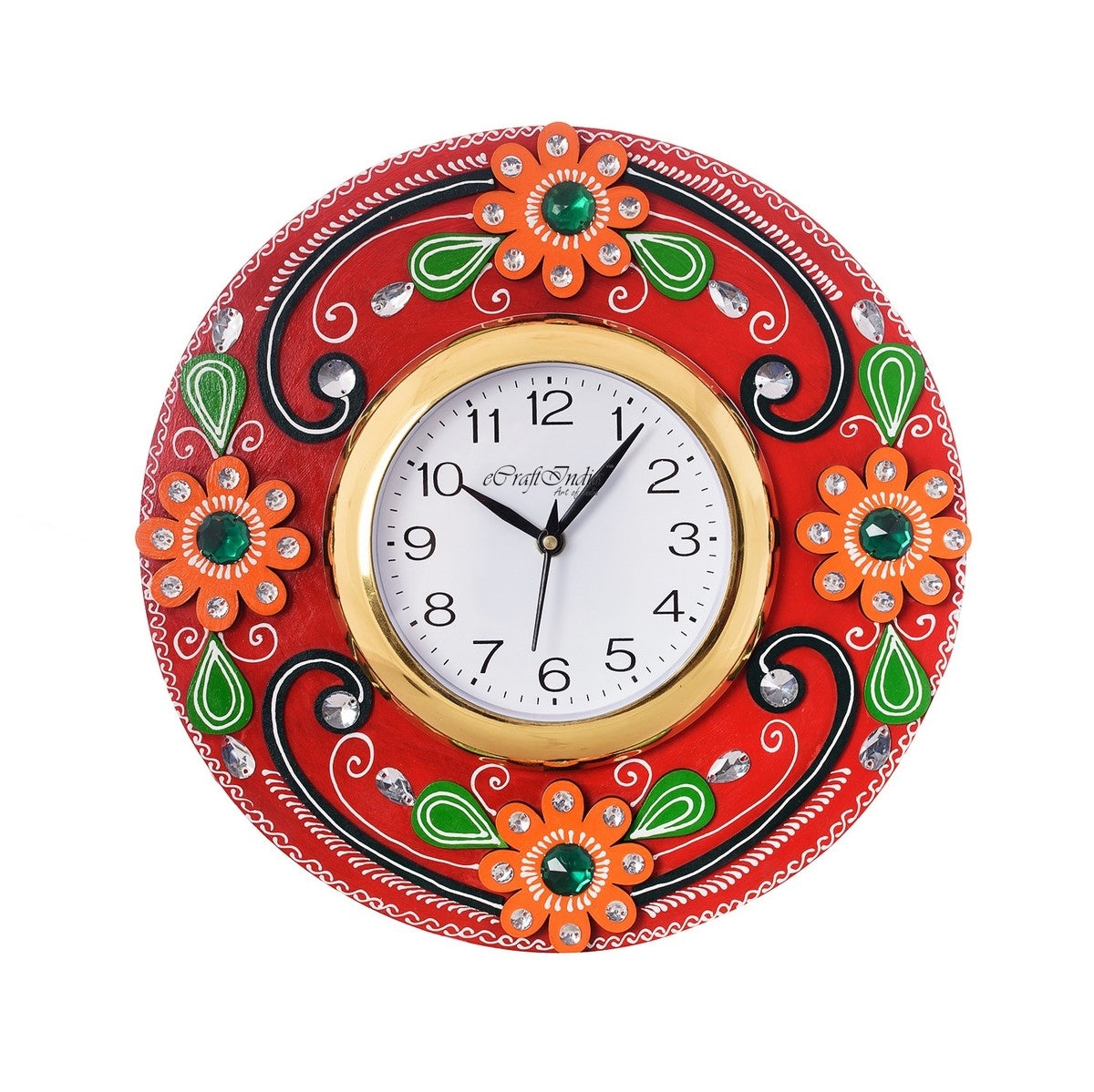 Crystal Studded Floral Papier-Mache Wooden Handcrafted Wall Clock