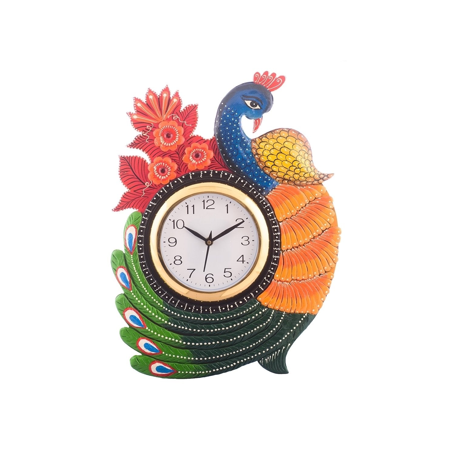 Exotic and Stylish Colorful Peacock Wooden Handcrafted Wooden Wall Clock (H - 16.5 Inch)