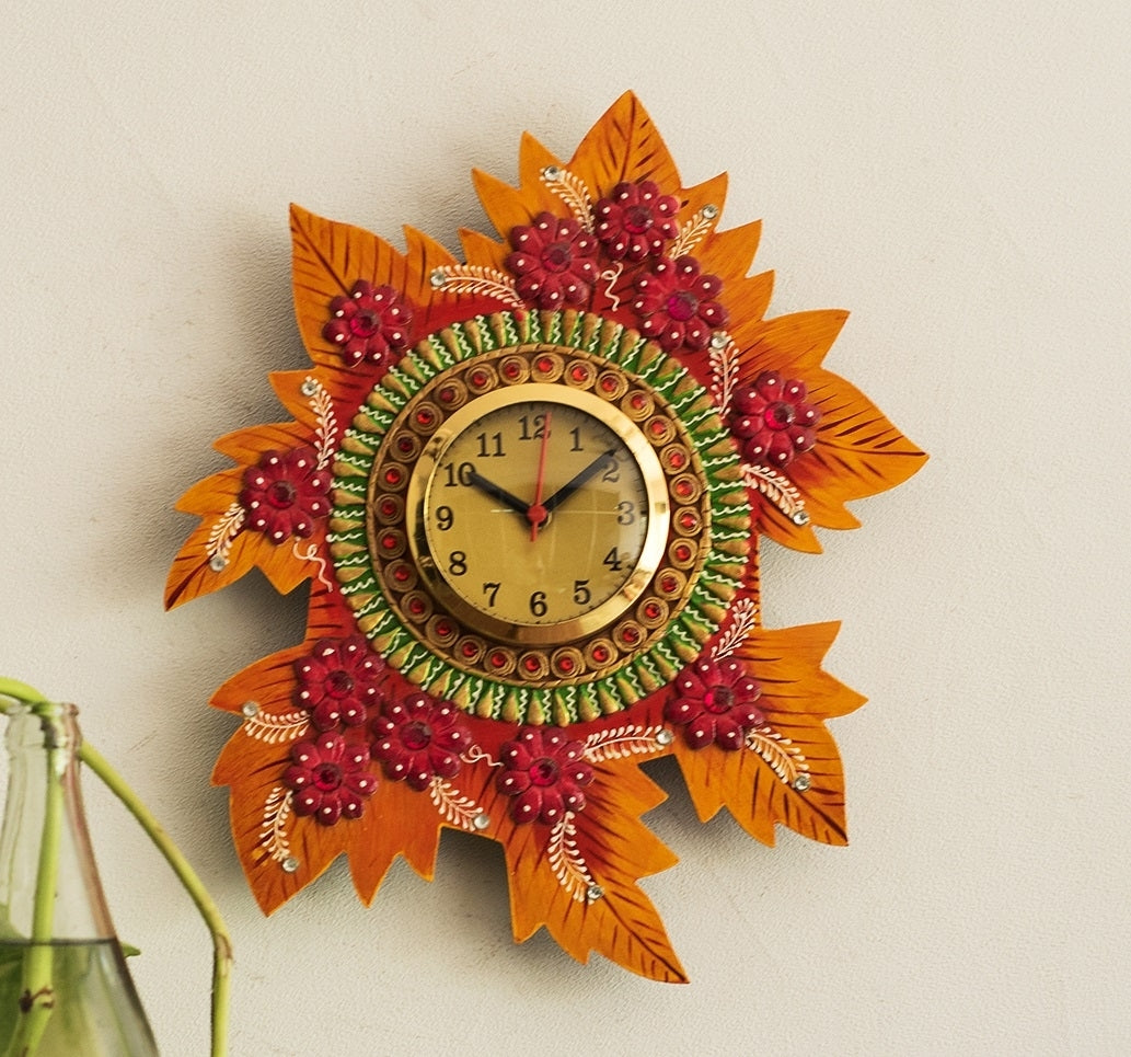 Handcrafted Papier-Mache Leaf Shape Wall Clock 1