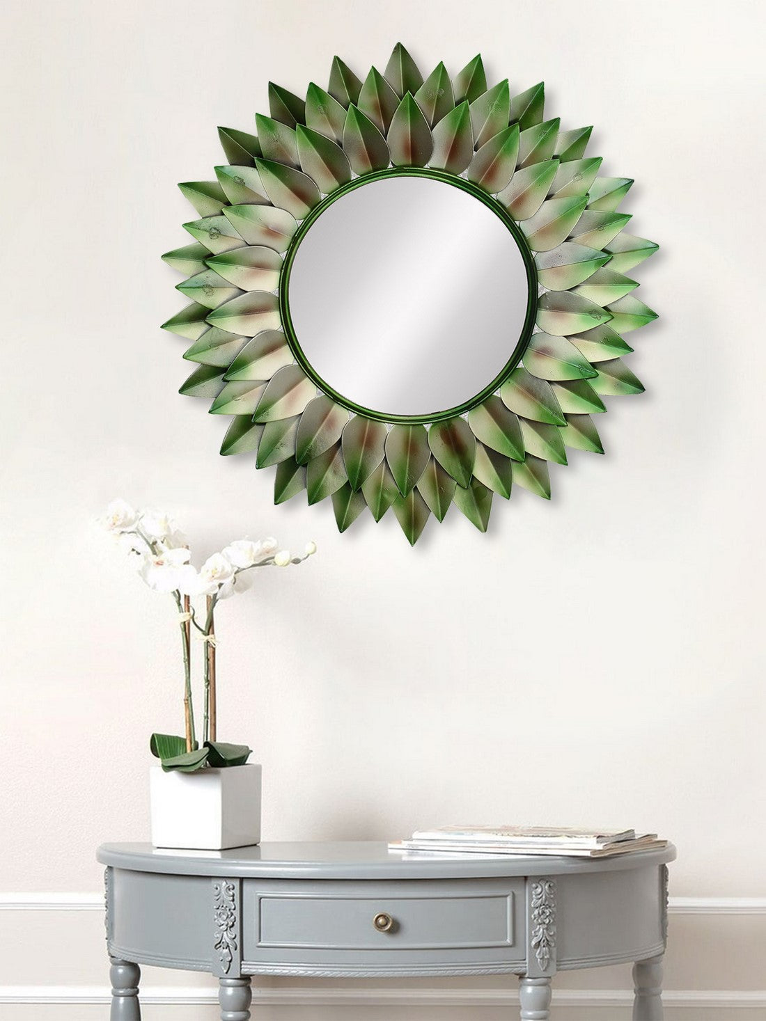 Green, Brown and Black Decorative Metal Handcarved Wall Mirror