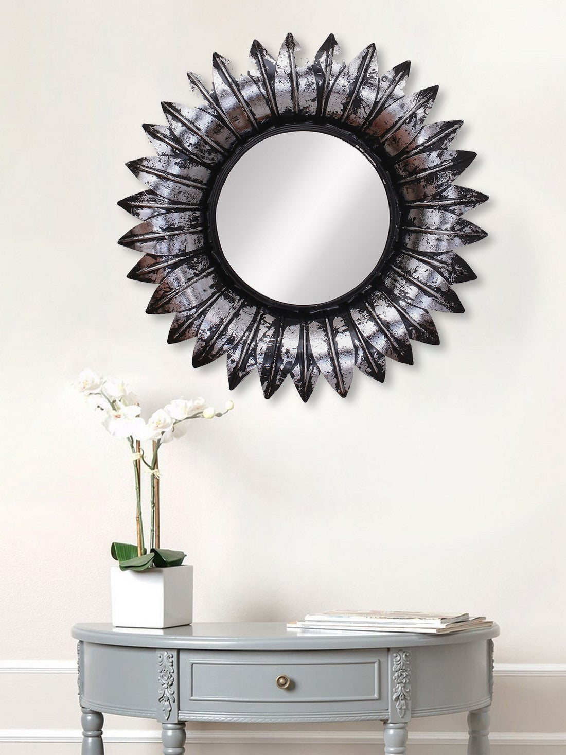 Grey and Black Decorative Metal Handcarved Wall Mirror