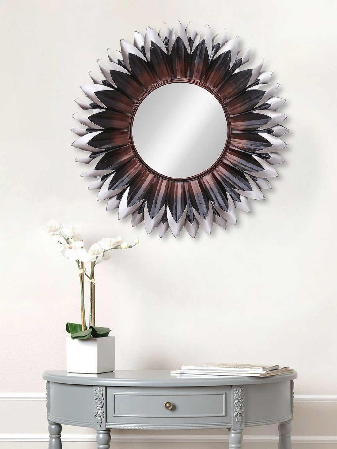 Brown, Black and Grey Decorative Metal Handcarved Wall Mirror