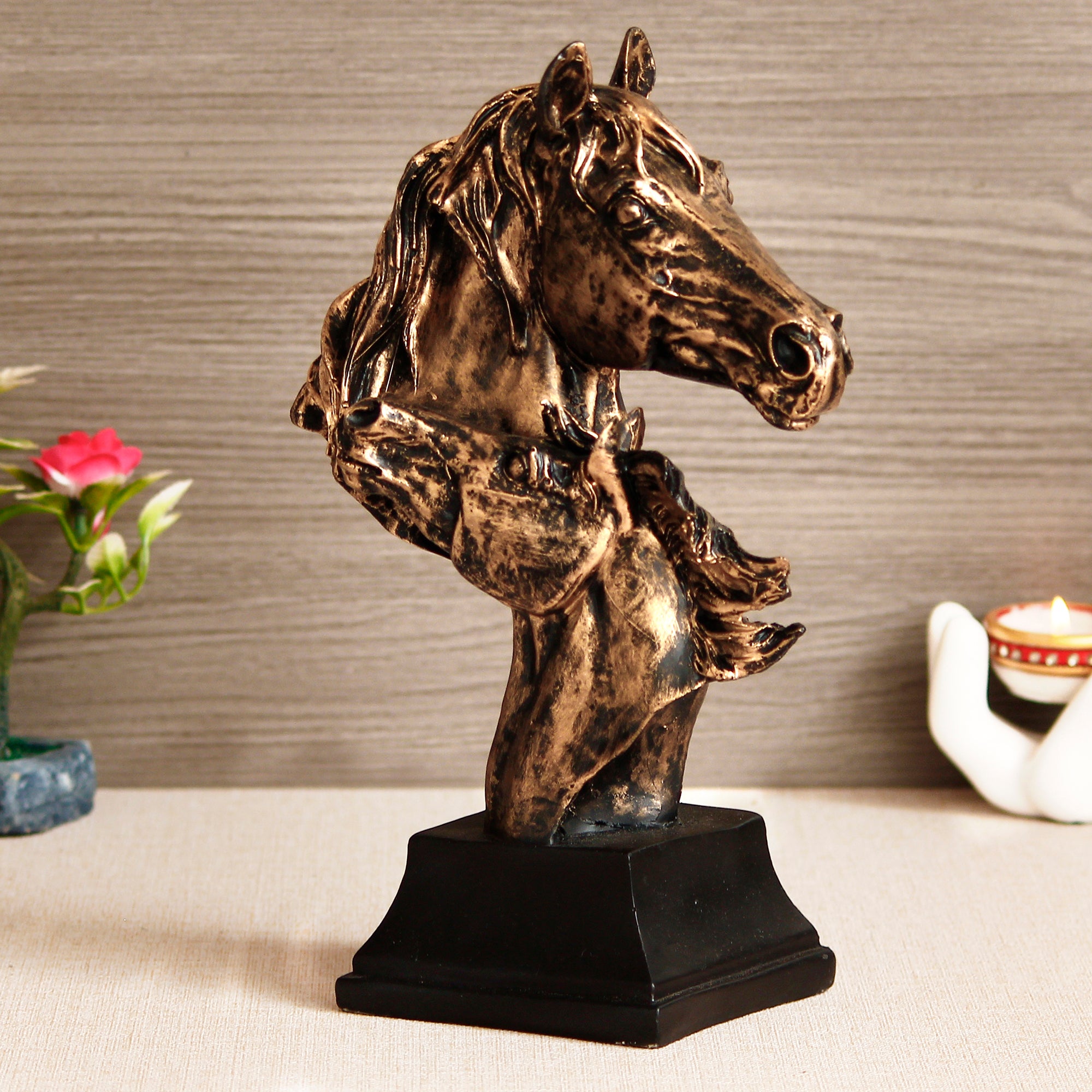 Golden and Black Polyresin Horse Couple Face Handcrafted Showpiece 1