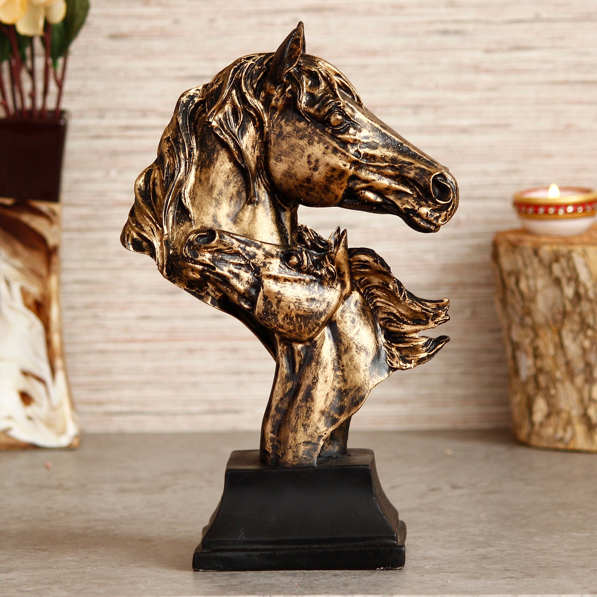Golden and Black Polyresin Horse Couple Face Handcrafted Showpiece
