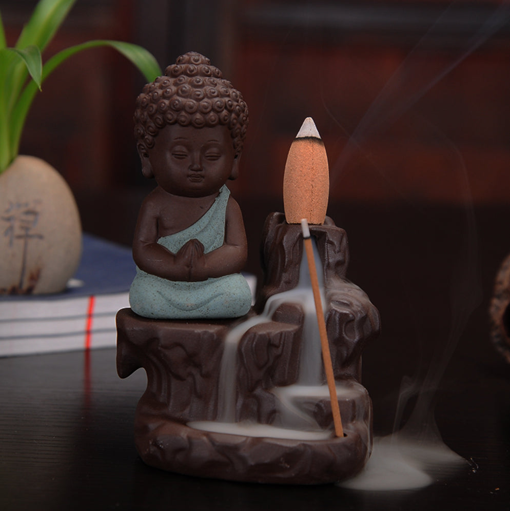 Meditating Monk Buddha Statue Smoke Backflow Cone Incense Holder Decorative Showpiece with 10 free Smoke Backflow Scented Cone Incenses(Green and Brown) 1
