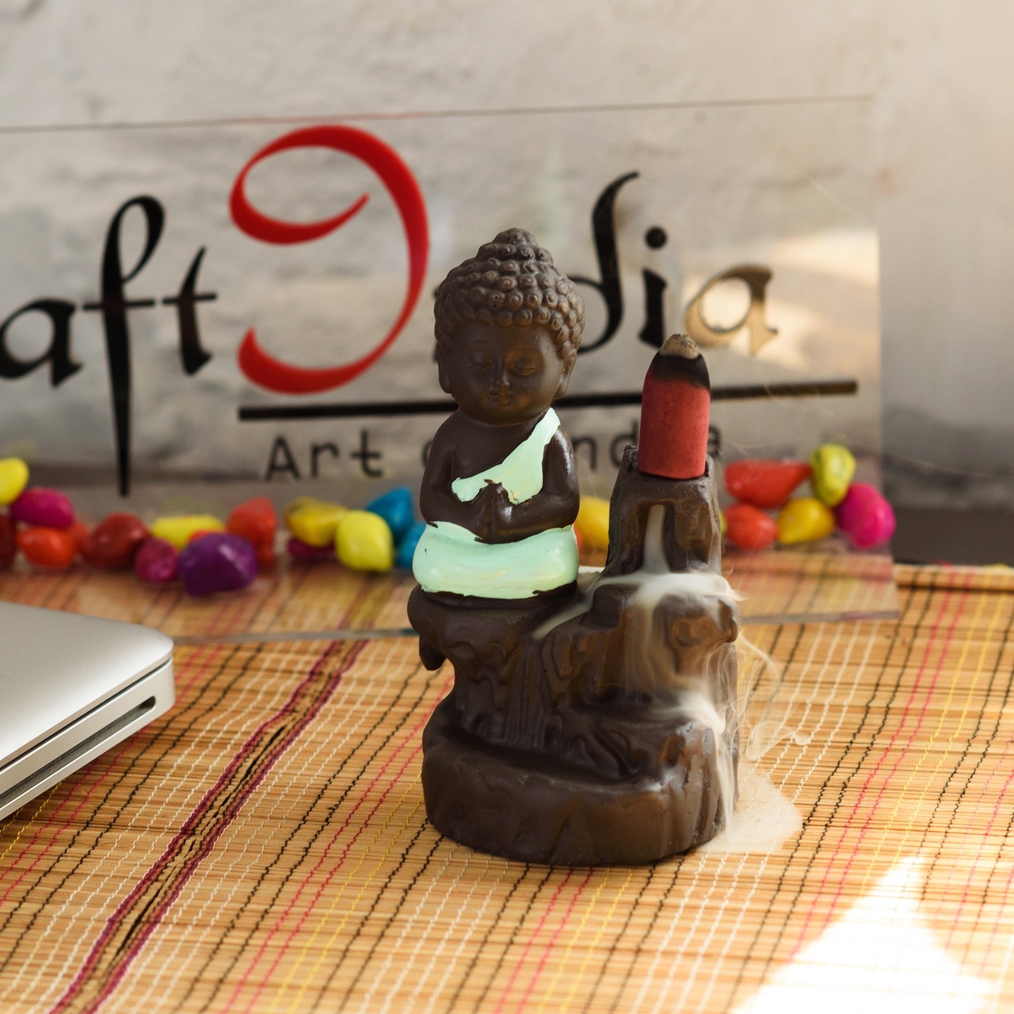 Meditating Monk Buddha Statue Smoke Backflow Cone Incense Holder Decorative Showpiece with 10 free Smoke Backflow Scented Cone Incenses(Green and Brown)
