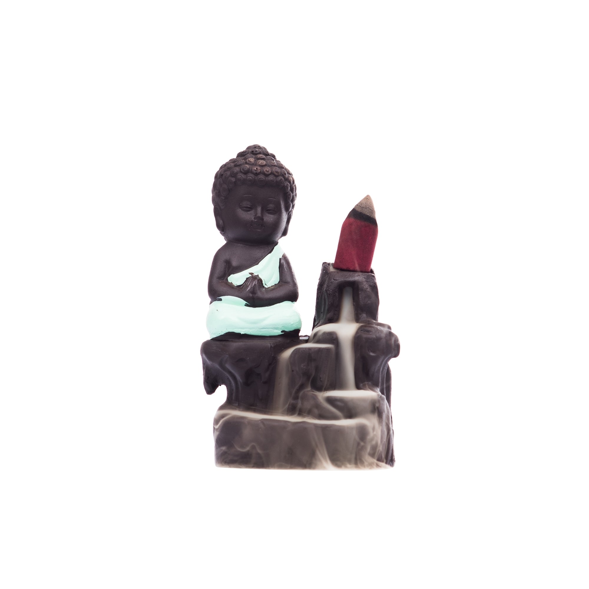 Meditating Monk Buddha Statue Smoke Backflow Cone Incense Holder Decorative Showpiece with 10 free Smoke Backflow Scented Cone Incenses(Green and Brown) 2