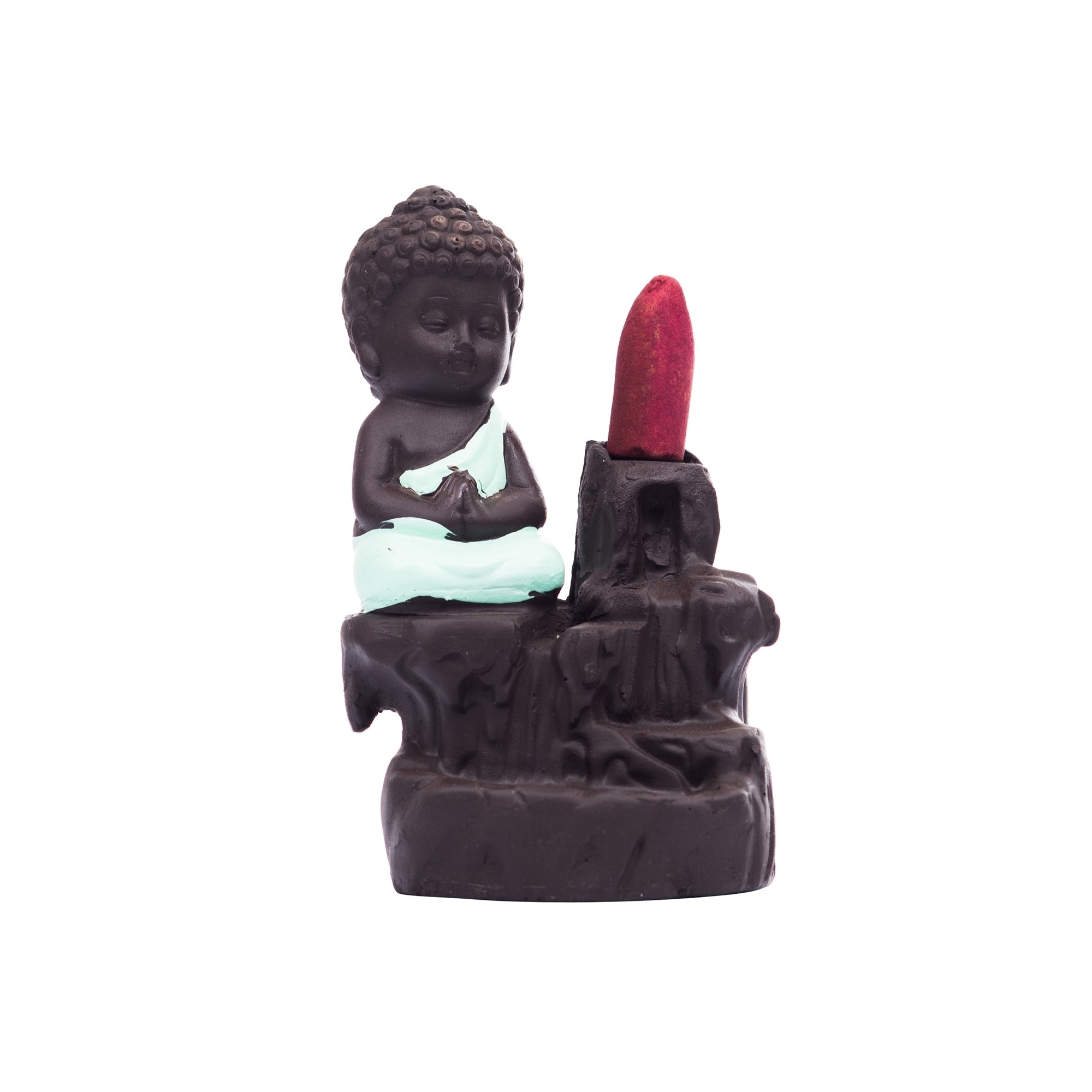 Meditating Monk Buddha Statue Smoke Backflow Cone Incense Holder Decorative Showpiece with 10 free Smoke Backflow Scented Cone Incenses(Green and Brown) 3