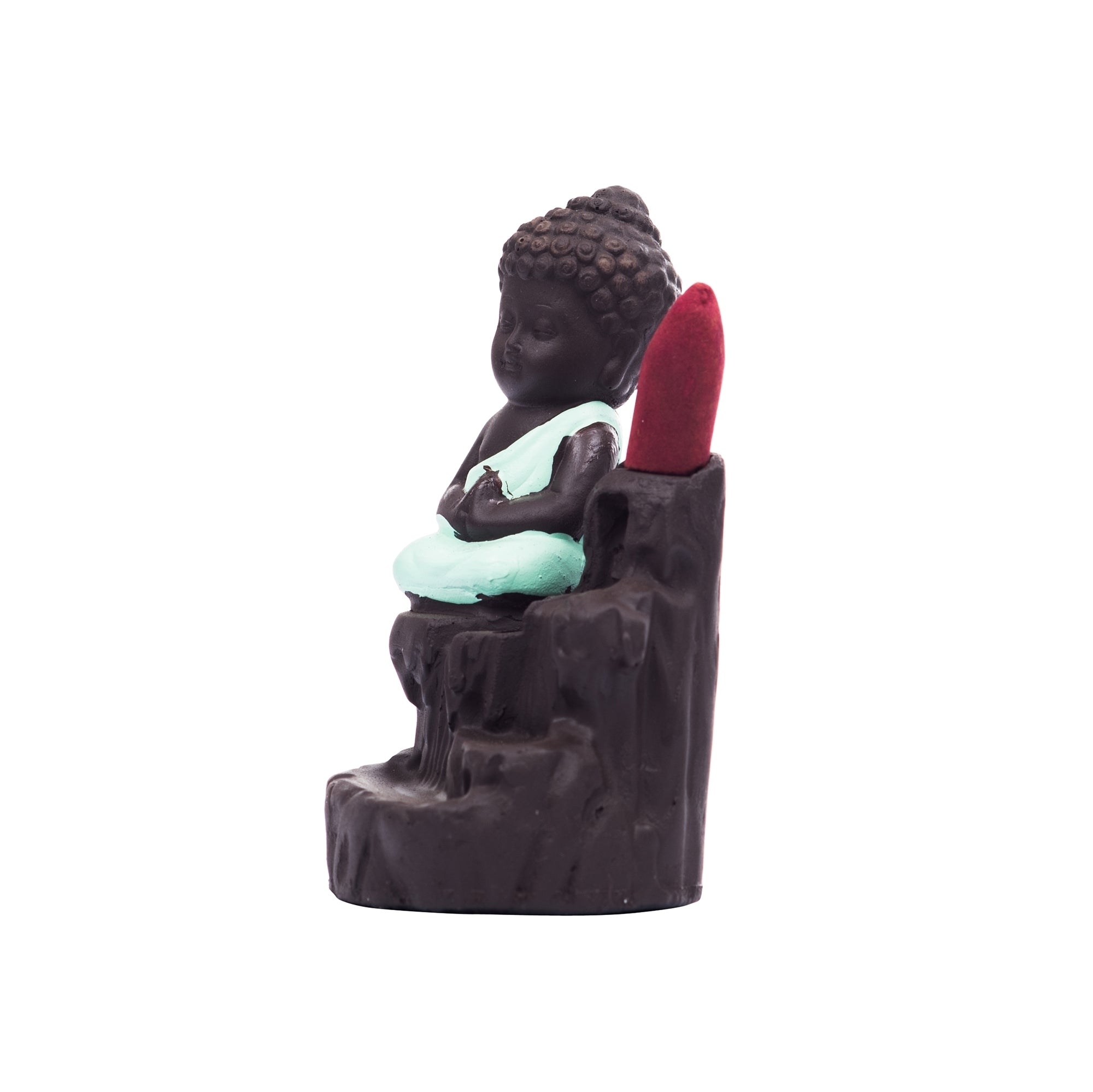 Meditating Monk Buddha Statue Smoke Backflow Cone Incense Holder Decorative Showpiece with 10 free Smoke Backflow Scented Cone Incenses(Green and Brown) 4