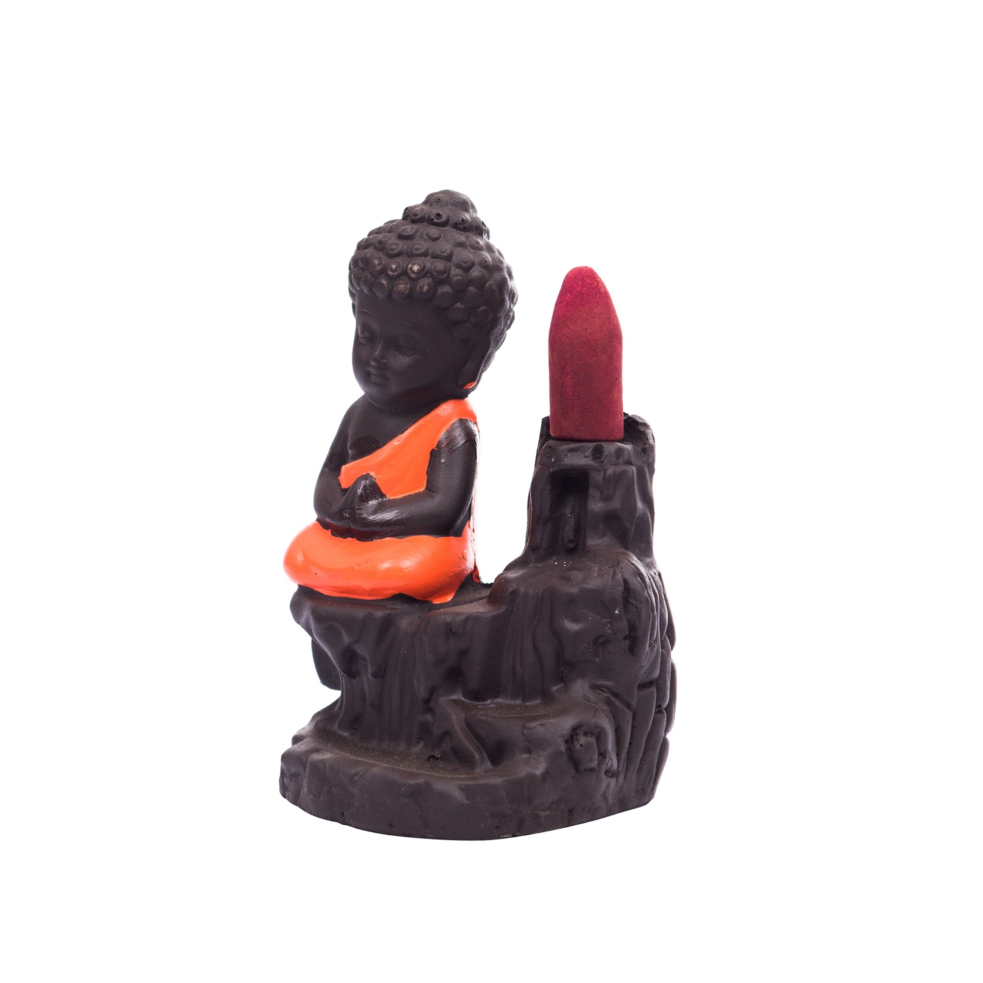 Meditating Monk Buddha Statue Smoke Backflow Cone Incense Holder Decorative Showpiece with 10 free Smoke Backflow Scented Cone Incenses(Orange and Brown) 4