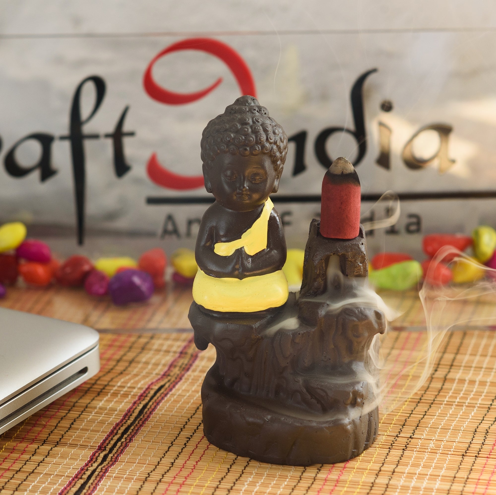 Meditating Monk Buddha Statue Smoke Backflow Cone Incense Holder Decorative Showpiece with 10 free Smoke Backflow Scented Cone Incenses(Yellow and Brown)