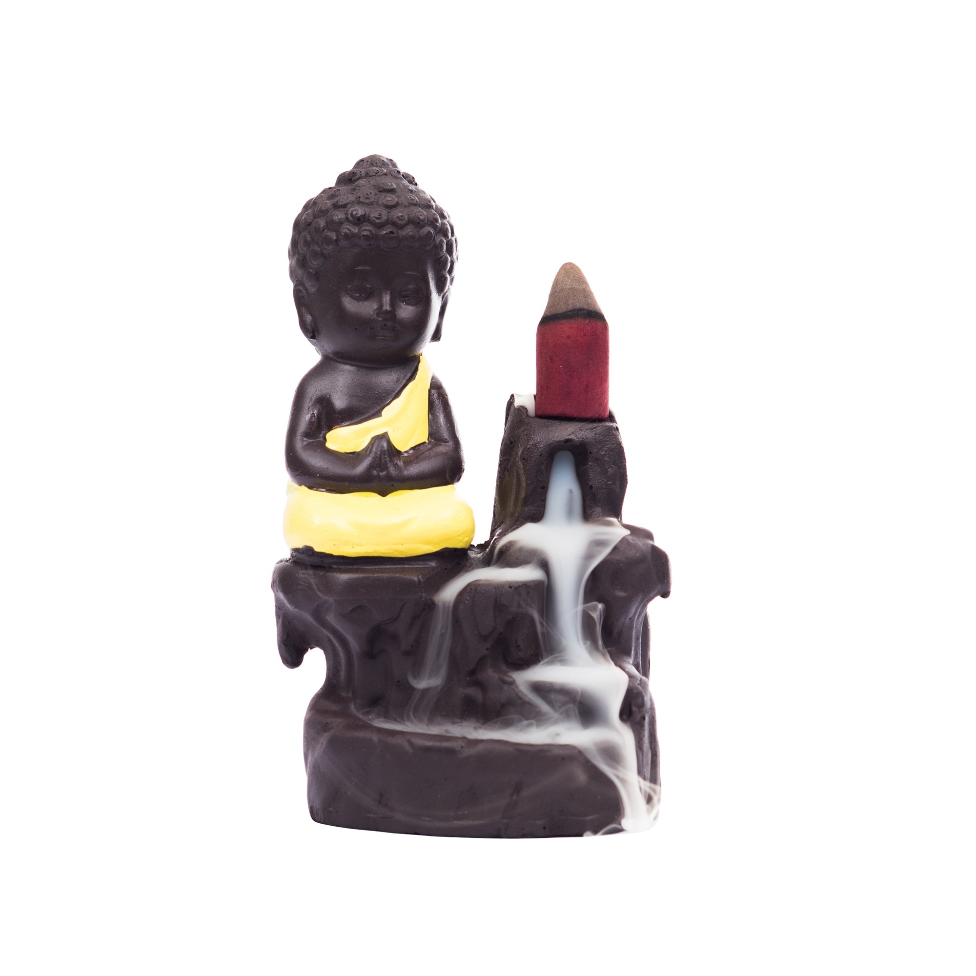 Meditating Monk Buddha Statue Smoke Backflow Cone Incense Holder Decorative Showpiece with 10 free Smoke Backflow Scented Cone Incenses(Yellow and Brown) 1