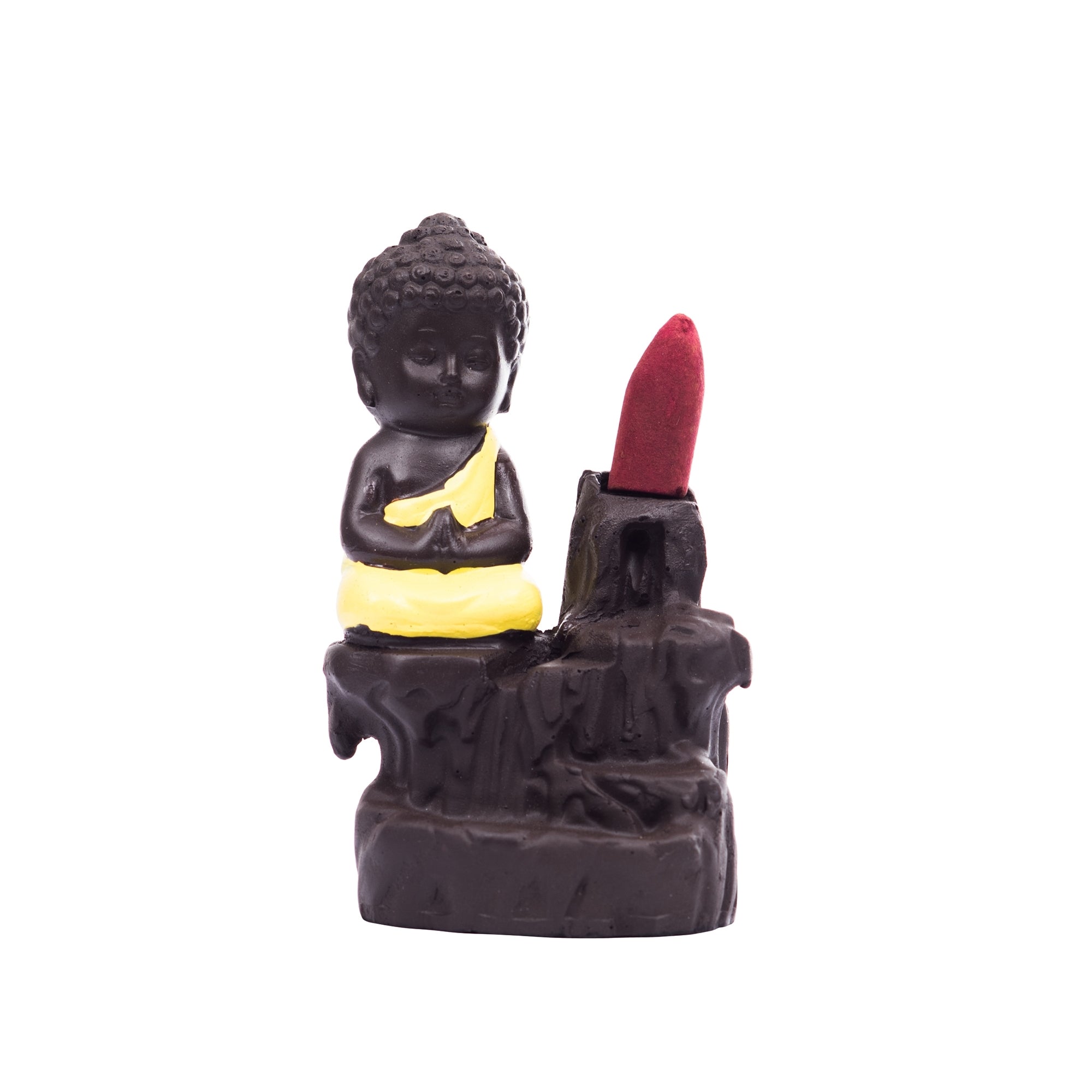 Meditating Monk Buddha Statue Smoke Backflow Cone Incense Holder Decorative Showpiece with 10 free Smoke Backflow Scented Cone Incenses(Yellow and Brown) 2