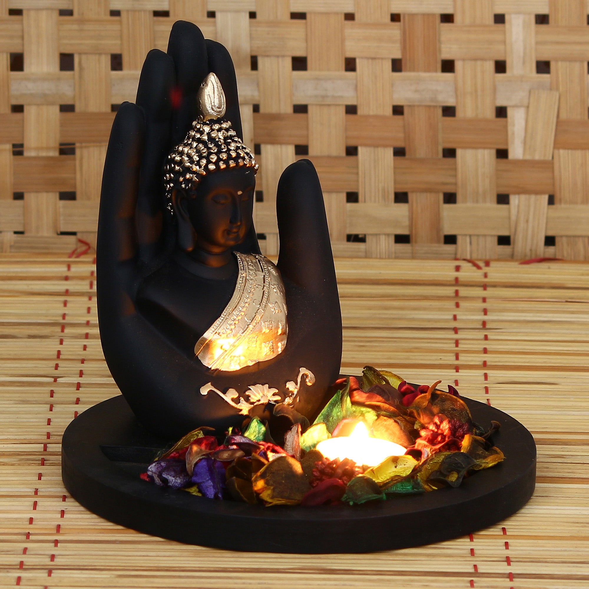 Polyresin Black and Golden Handcrafted Palm Buddha Statue with Wooden Base Tealight Candle Holder