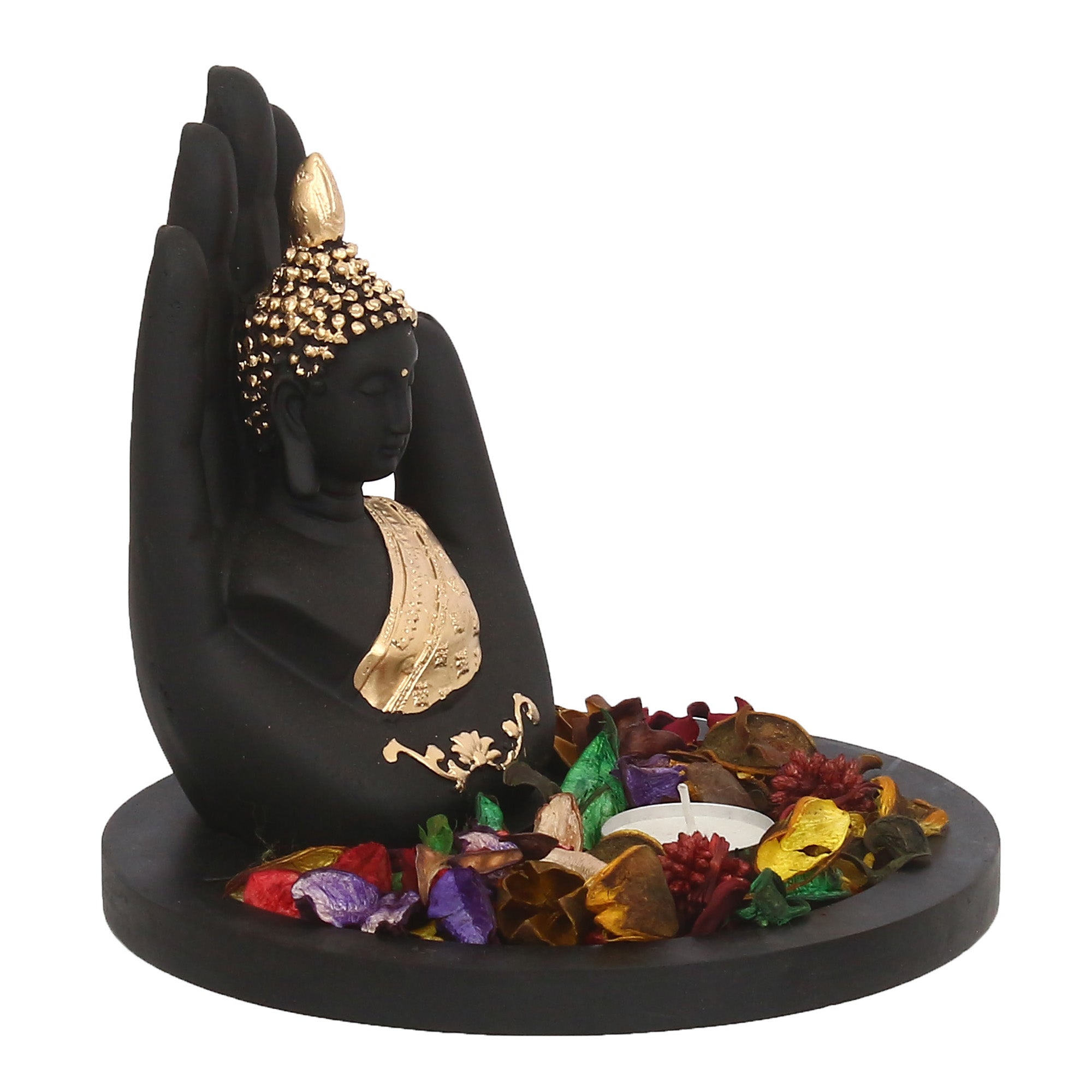 Polyresin Black and Golden Handcrafted Palm Buddha Statue with Wooden Base Tealight Candle Holder 2