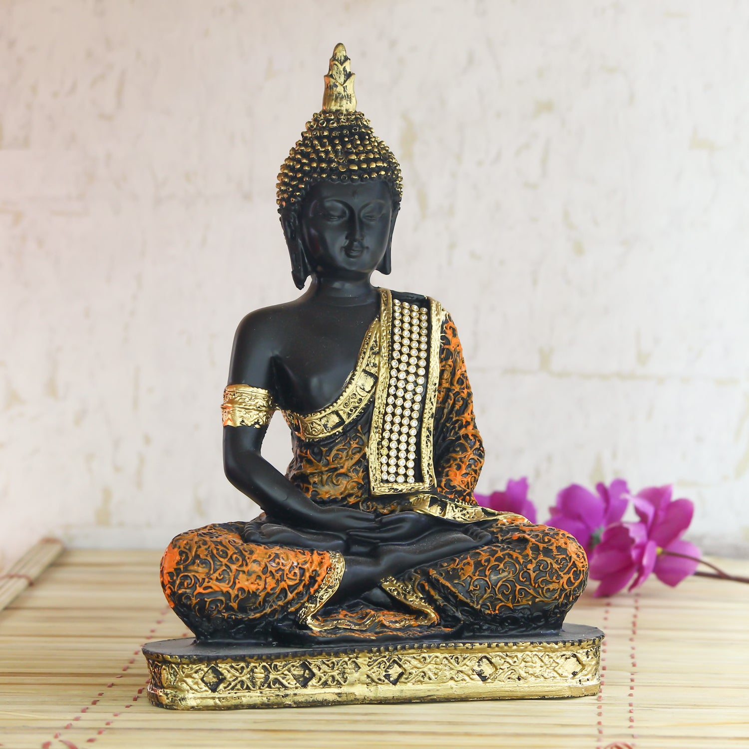 Polyresin Orange and Black Meditating Buddha Statue