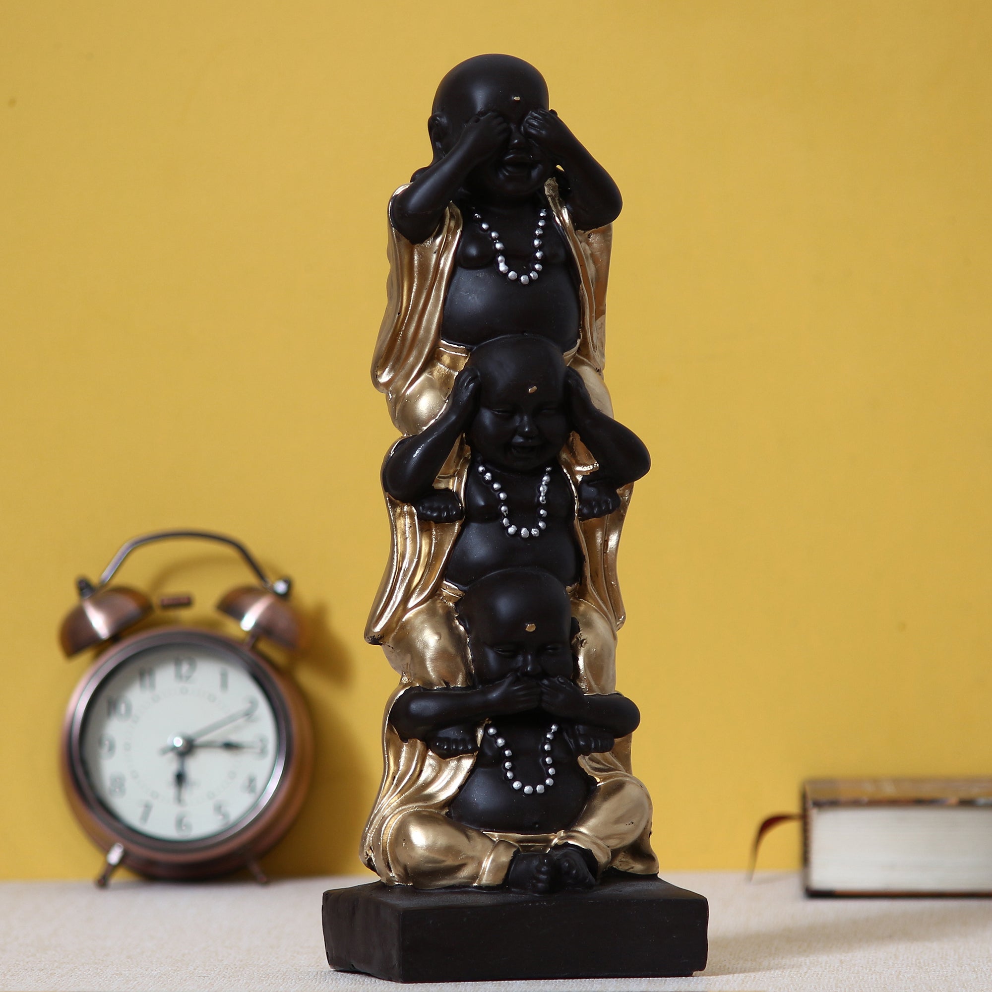 Polyresin Black and Golden Set of 3 Laughing Buddha Statue Standing on each other Decorative Showpiece 6
