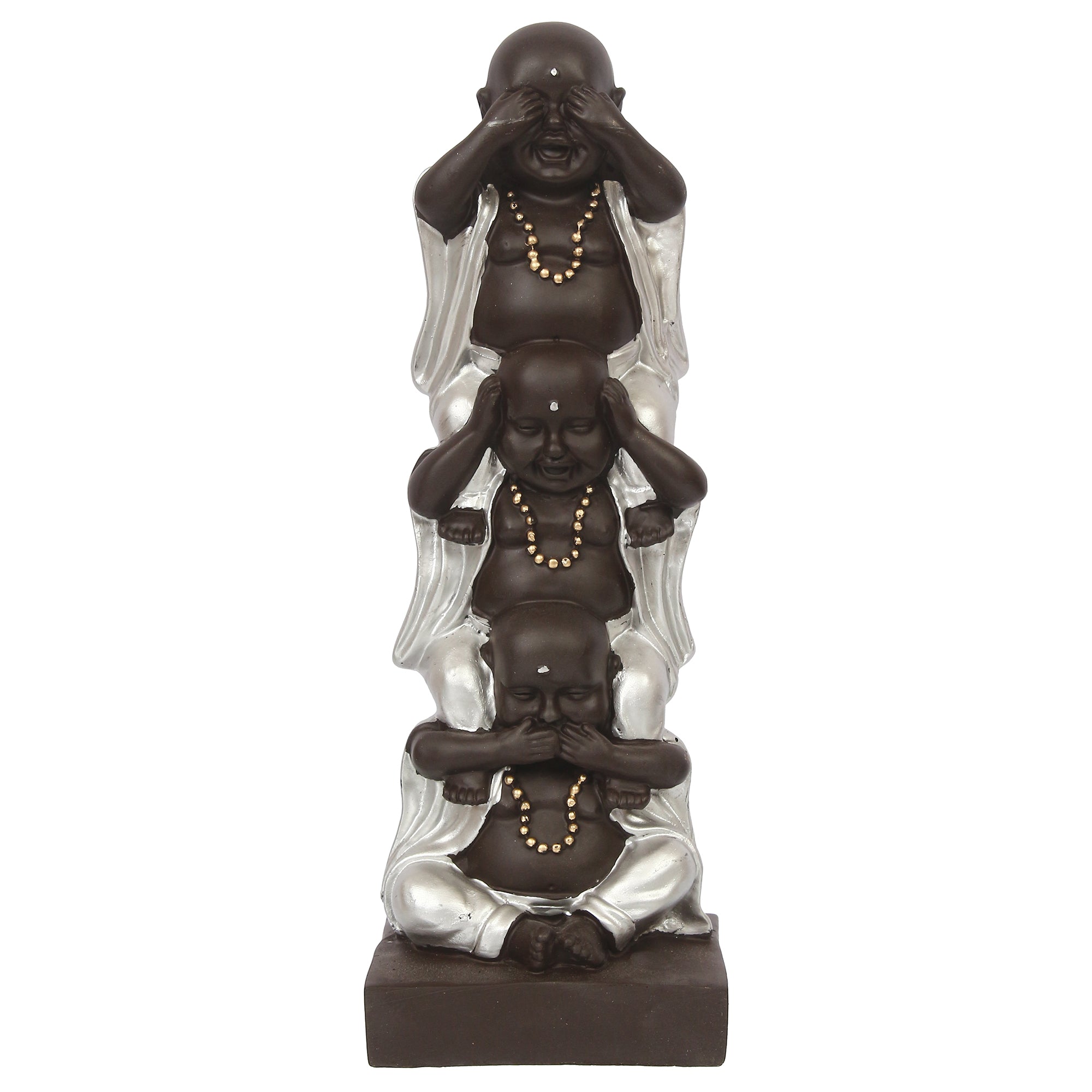 Polyresin Silver and Black Set of 3 Laughing Buddha Idol Standing on each other Decorative Showpiece 1