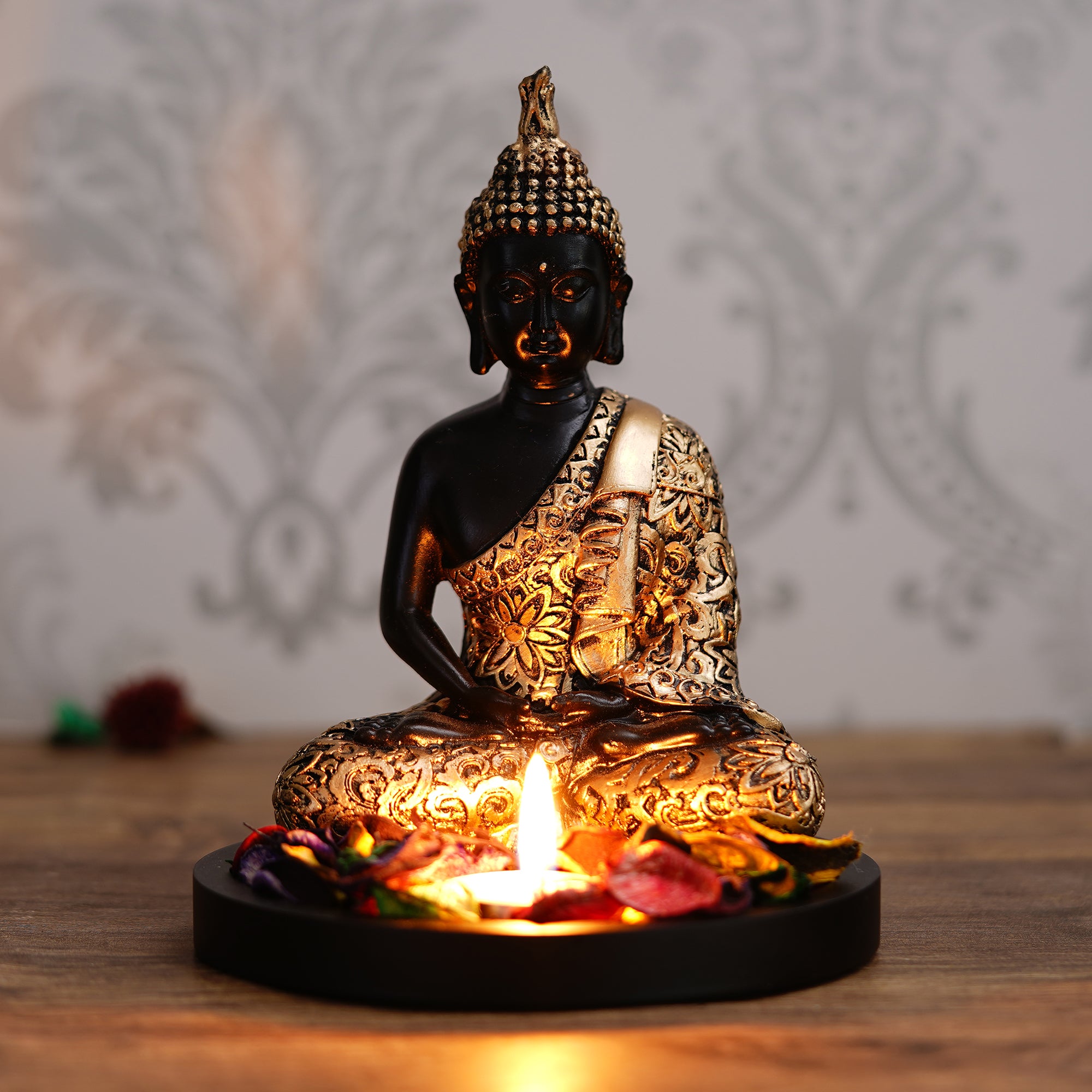 Handcrafted Meditating Golden Buddha Statue with Wooden Base, Fragranced Petals and Tealight 1
