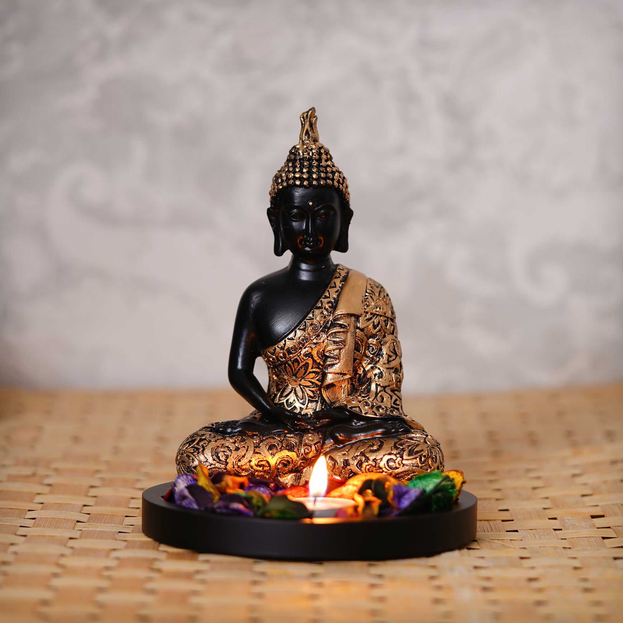 Handcrafted Meditating Golden Buddha Statue with Wooden Base, Fragranced Petals and Tealight