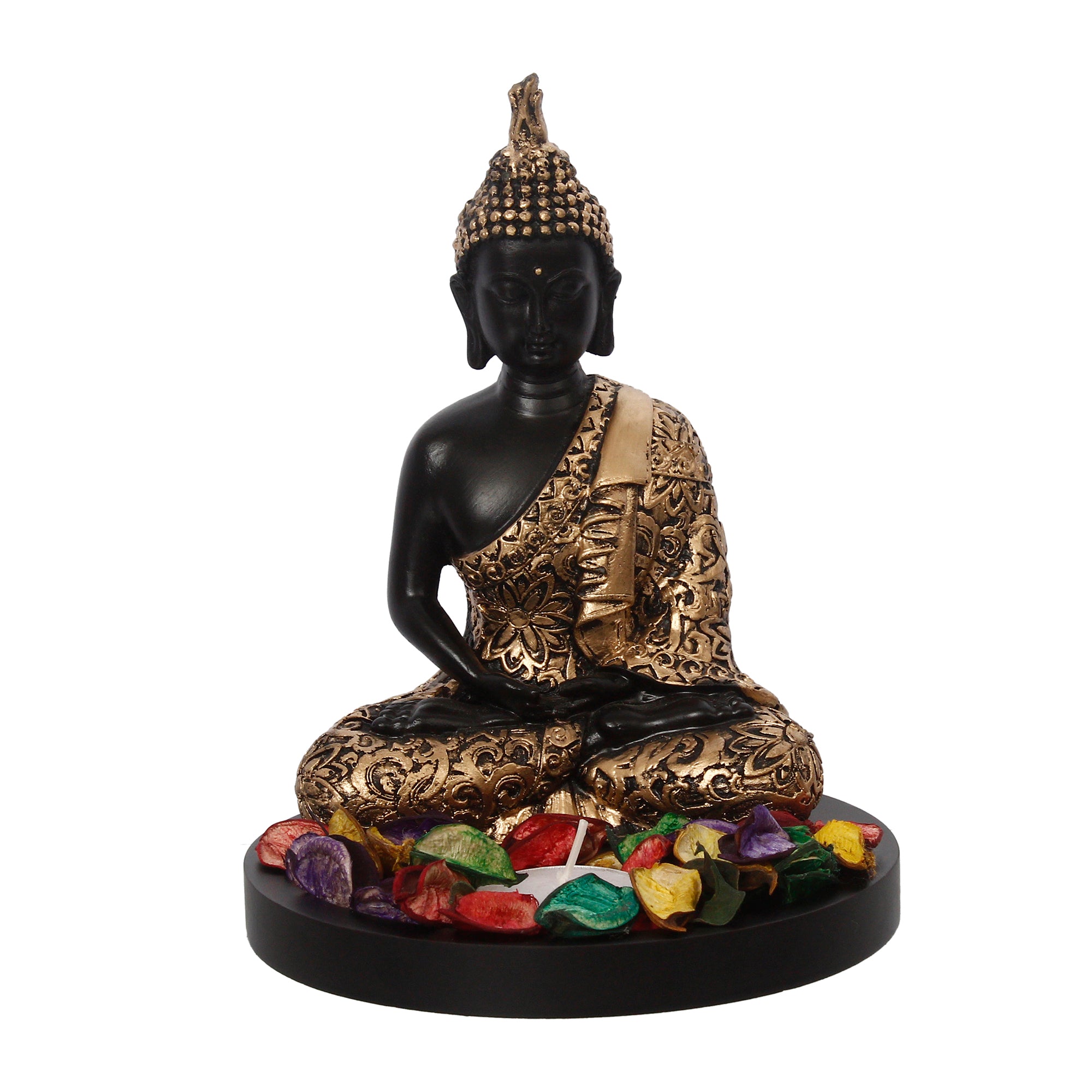 Handcrafted Meditating Golden Buddha Statue with Wooden Base, Fragranced Petals and Tealight 2