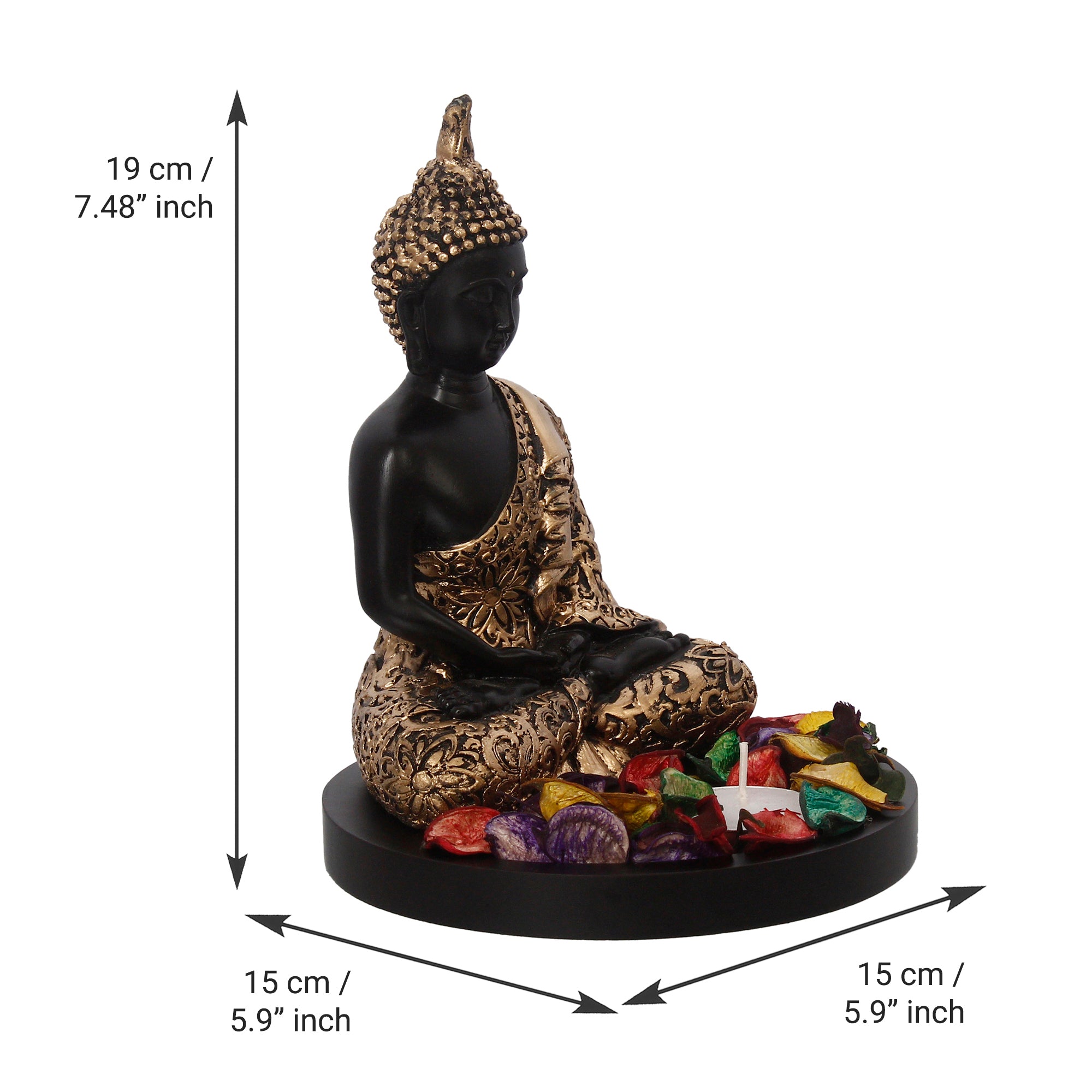 Handcrafted Meditating Golden Buddha Statue with Wooden Base, Fragranced Petals and Tealight 3