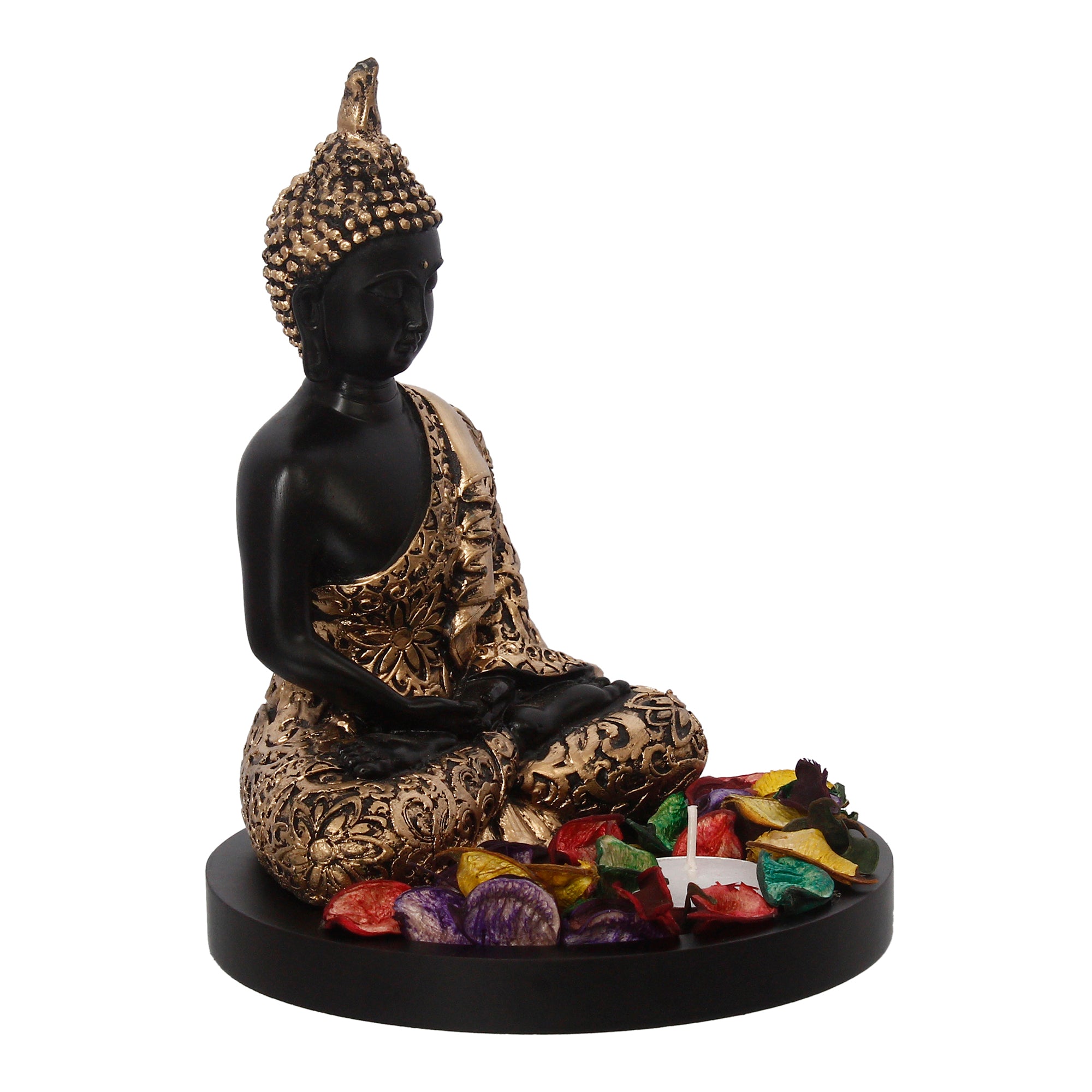 Handcrafted Meditating Golden Buddha Statue with Wooden Base, Fragranced Petals and Tealight 4