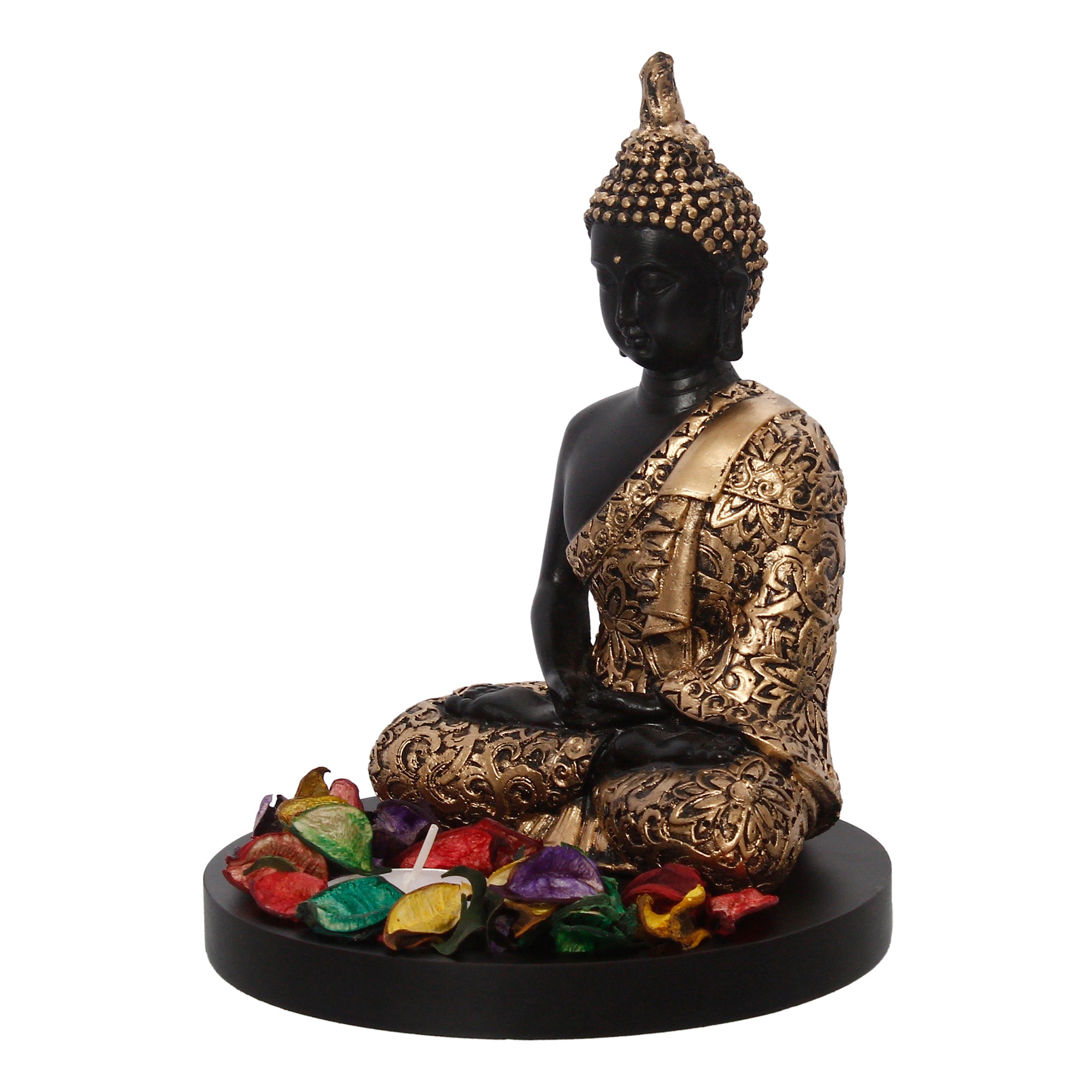 Handcrafted Meditating Golden Buddha Statue with Wooden Base, Fragranced Petals and Tealight 5
