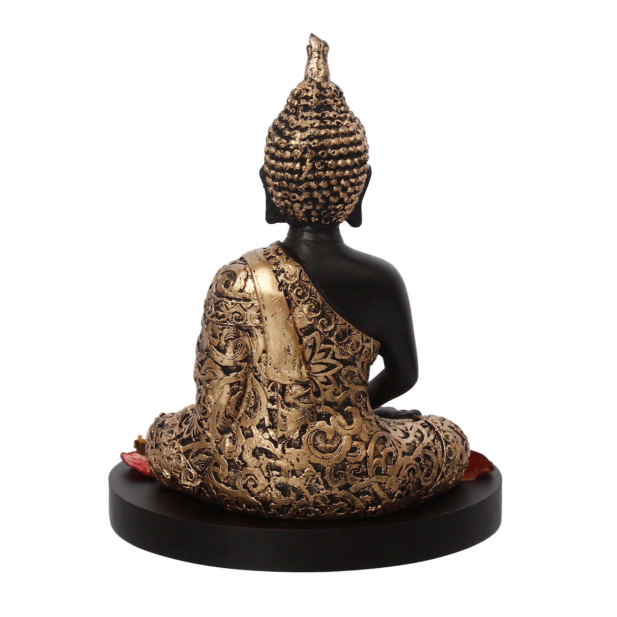 Handcrafted Meditating Golden Buddha Statue with Wooden Base, Fragranced Petals and Tealight 6