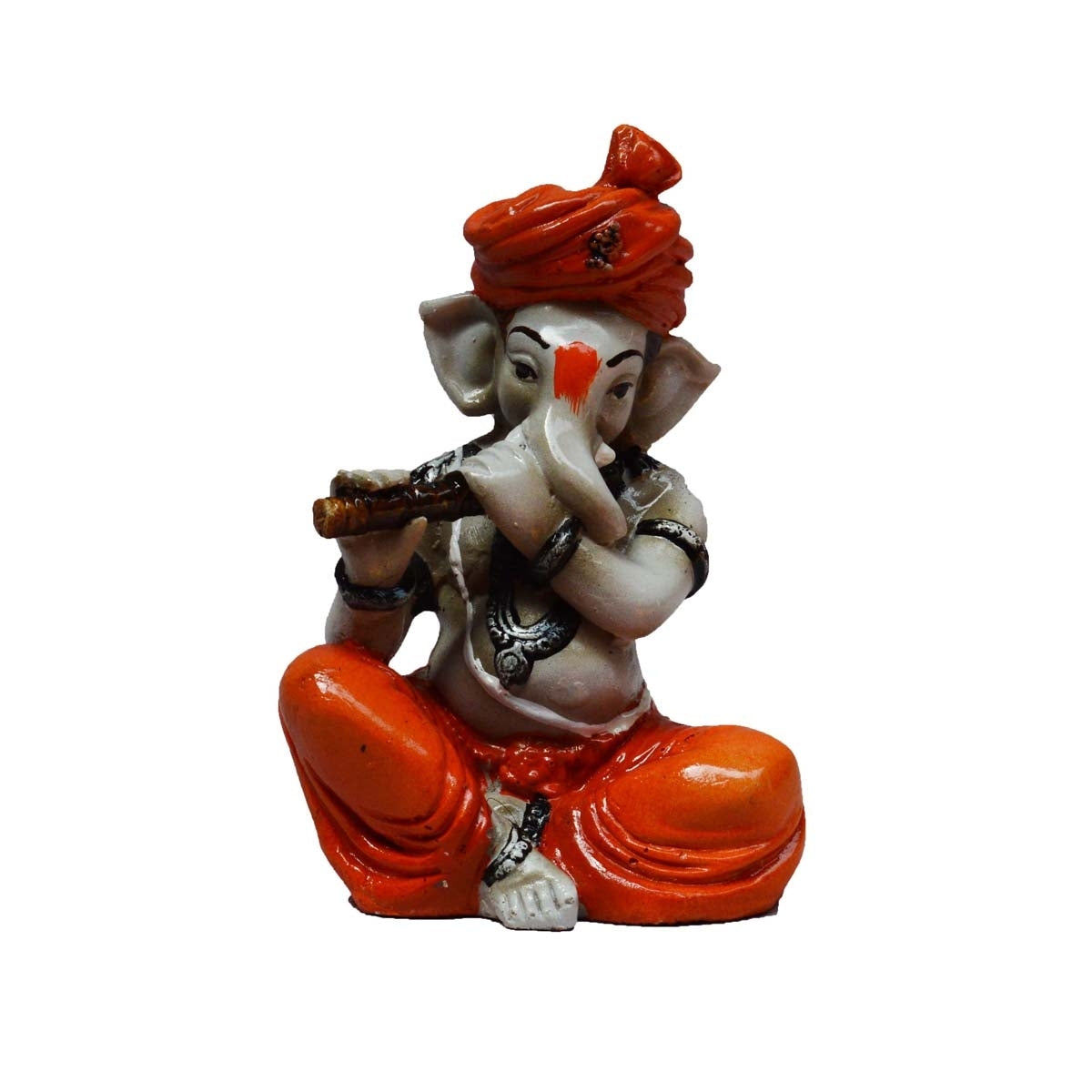 Orange Polyresin Lord Ganesha Playing Flute Idol 2