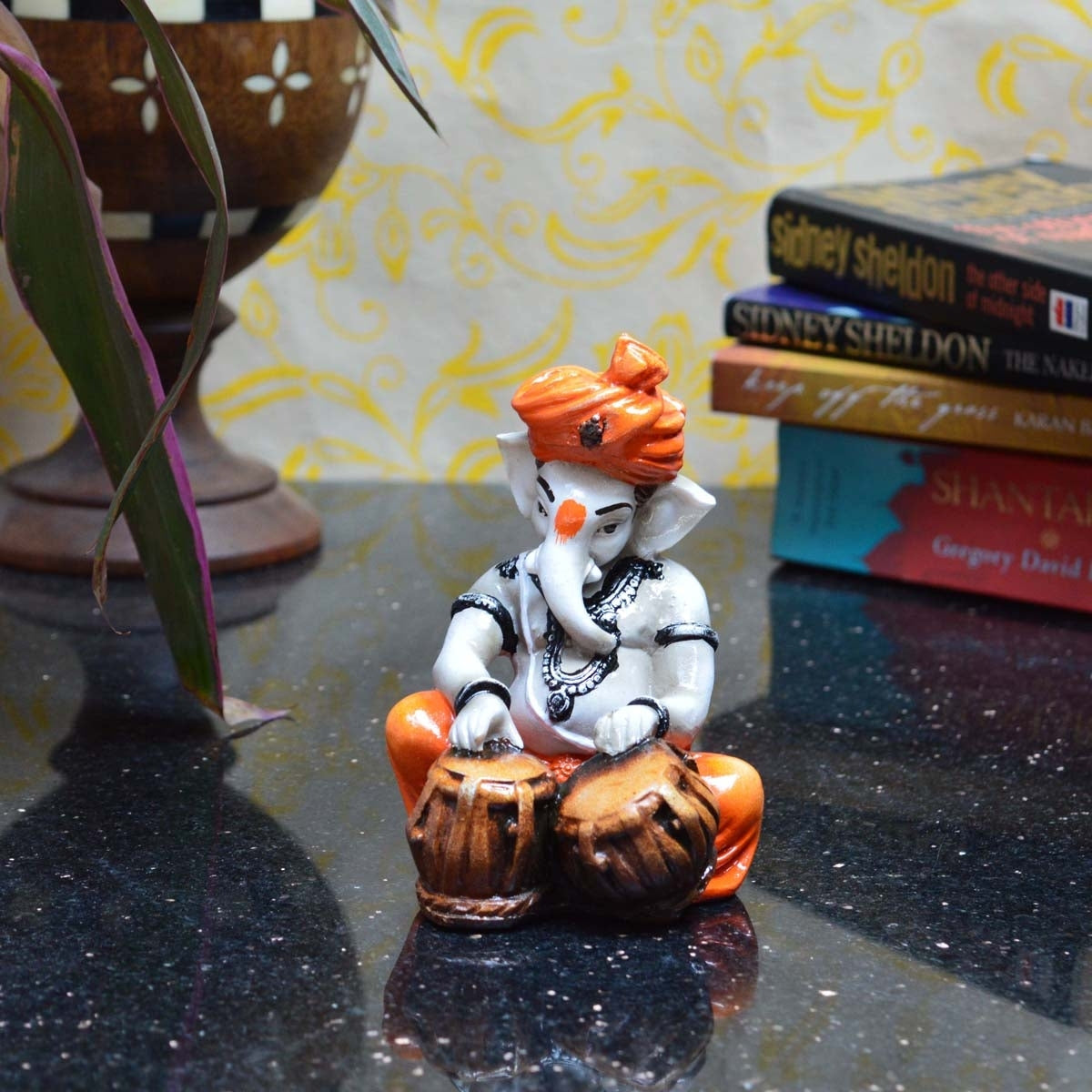 Orange Polyresin Lord Ganesha Playing Tabla Idol 1