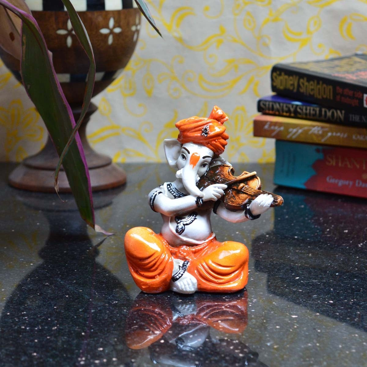 Orange Polyresin Lord Ganesha playing Violin Idol 1