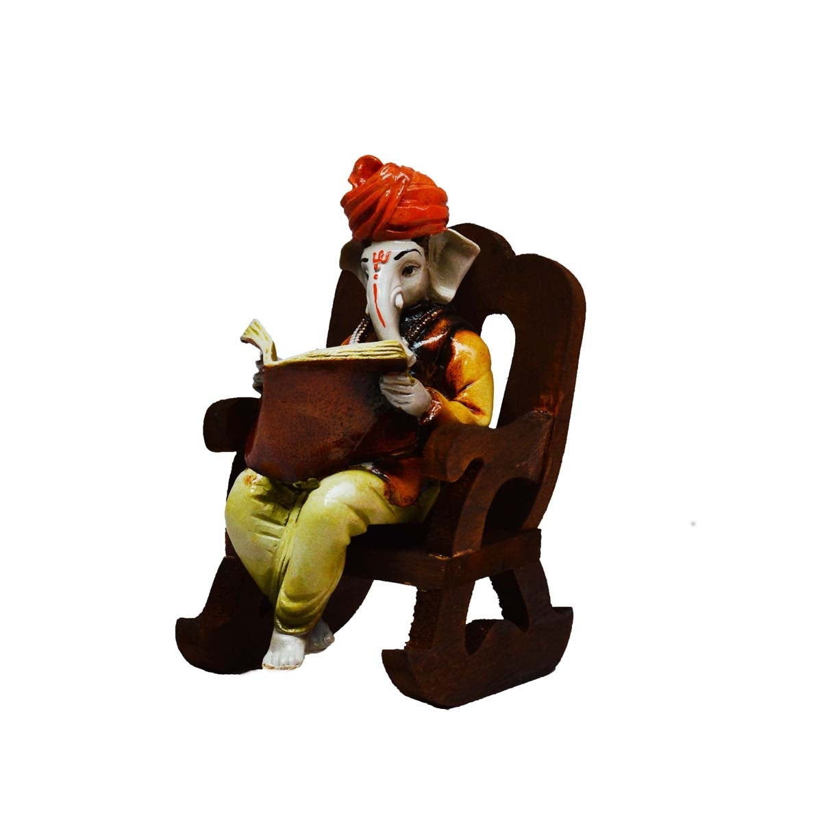 Orange Polyresin Lord Ganesha Idol reading Book on Wooden Chair 1