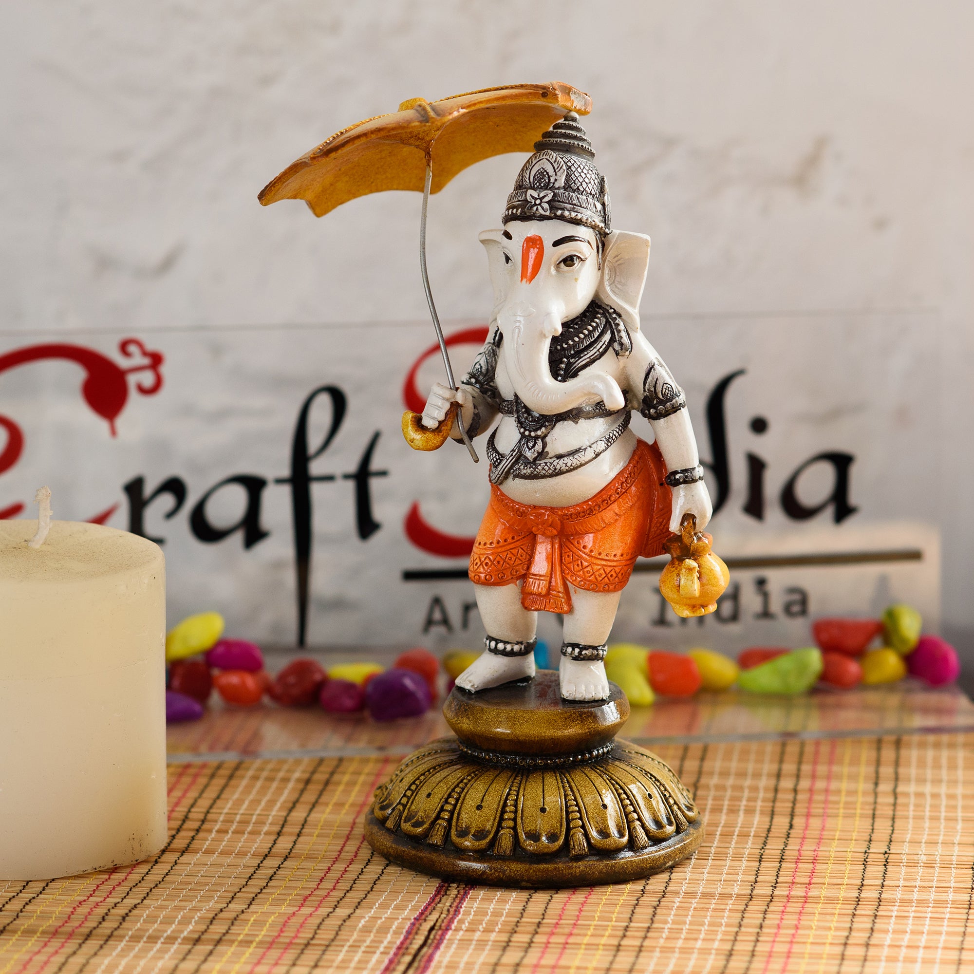 Handcrafted Polyresin Standing Lord Ganesha Idol Holding Umbrella